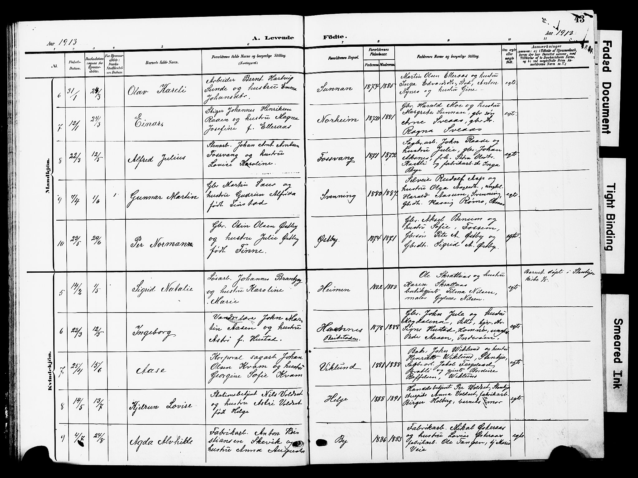 Ministerialprotokoller, klokkerbøker og fødselsregistre - Nord-Trøndelag, AV/SAT-A-1458/740/L0381: Parish register (copy) no. 740C02, 1903-1914, p. 43