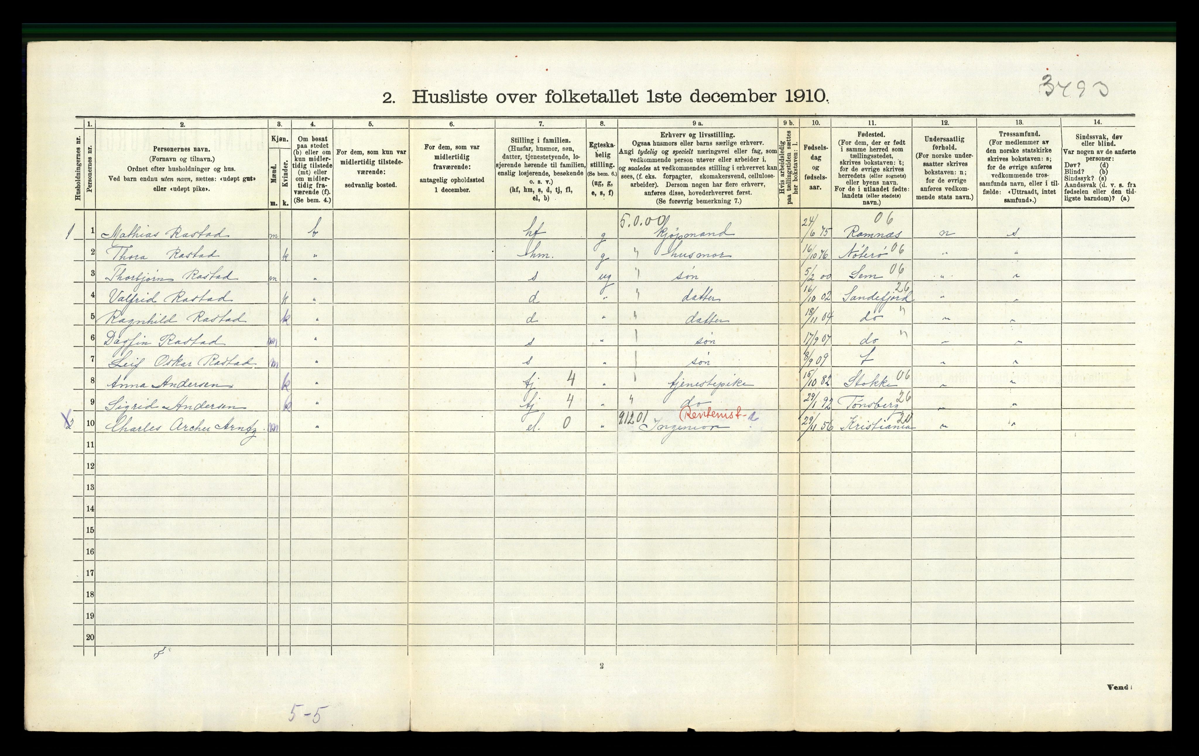 RA, 1910 census for Fredriksvern, 1910, p. 285