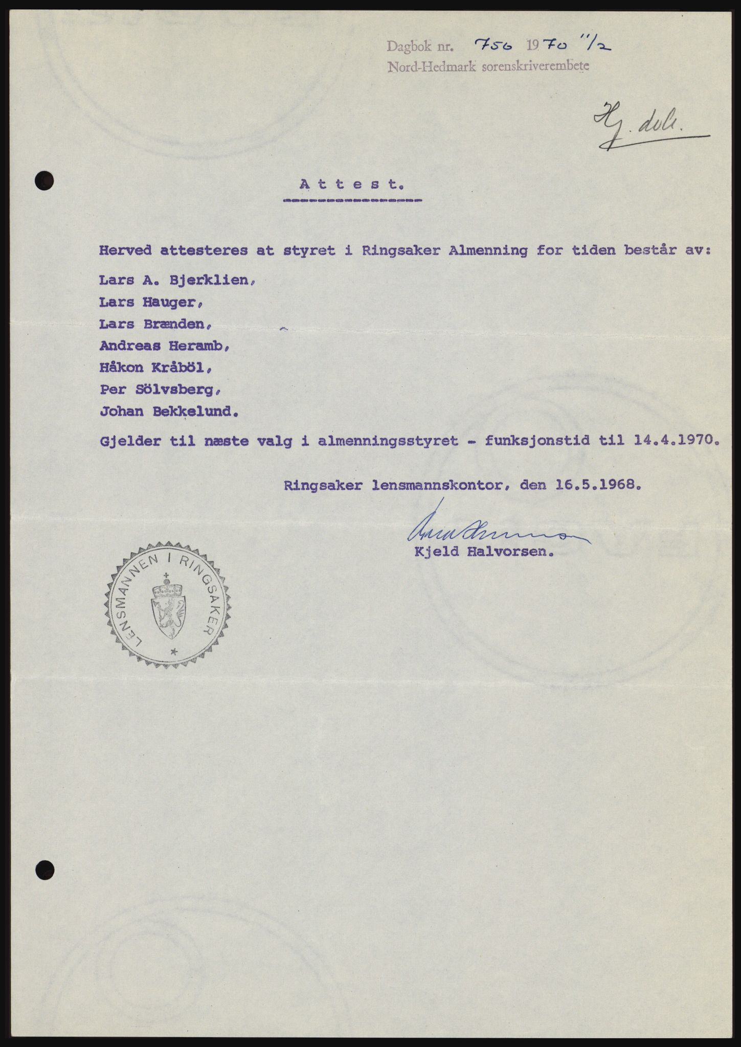 Nord-Hedmark sorenskriveri, SAH/TING-012/H/Hc/L0033: Mortgage book no. 33, 1970-1970, Diary no: : 756/1970