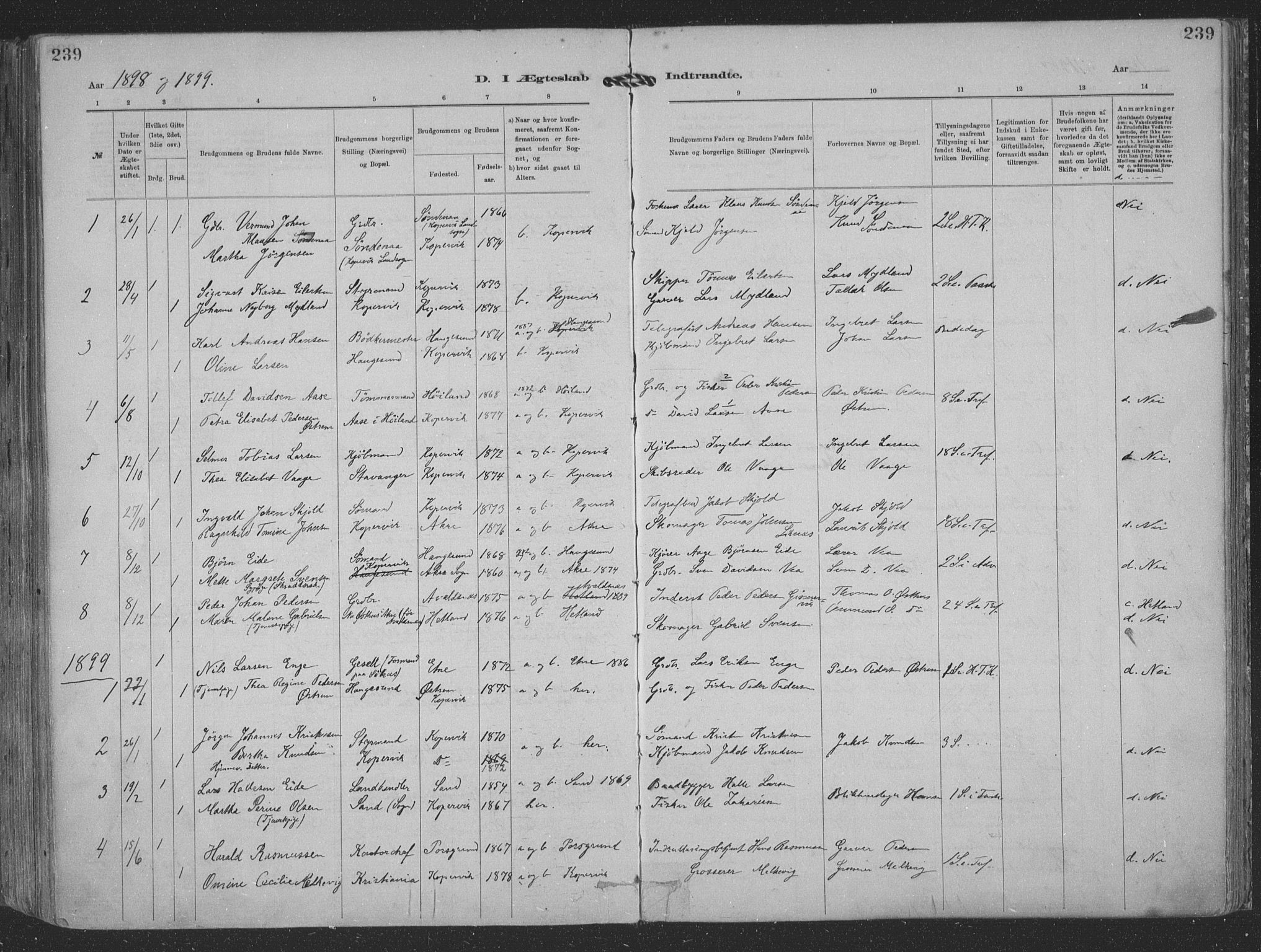 Kopervik sokneprestkontor, SAST/A-101850/H/Ha/Haa/L0001: Parish register (official) no. A 1, 1880-1919, p. 239