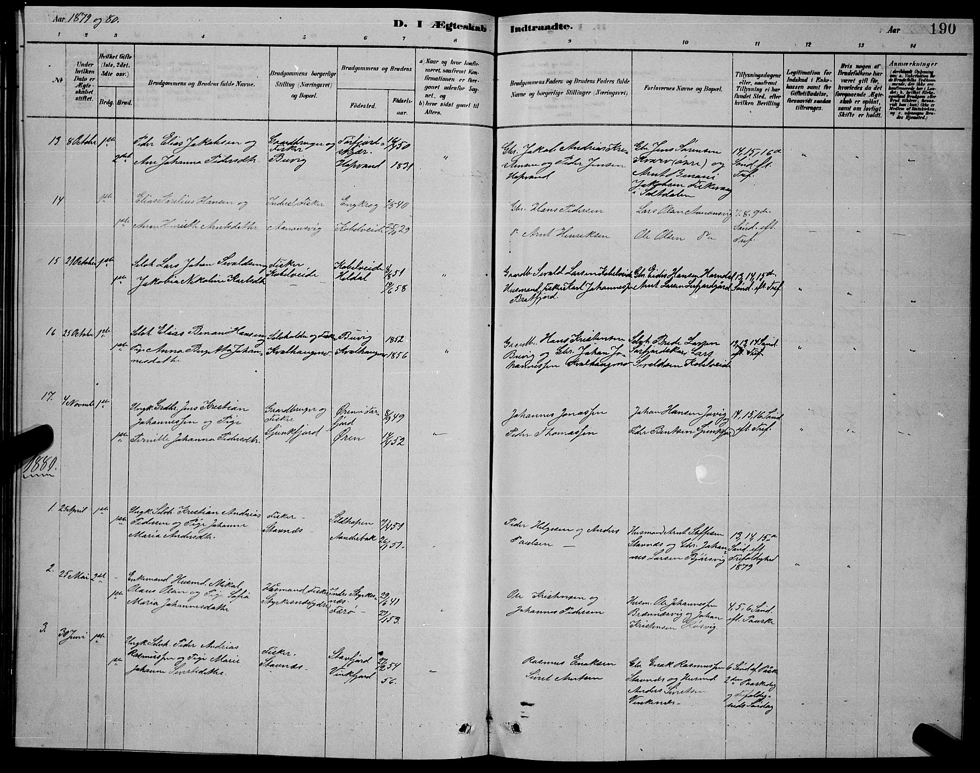 Ministerialprotokoller, klokkerbøker og fødselsregistre - Nordland, AV/SAT-A-1459/853/L0776: Parish register (copy) no. 853C04, 1878-1889, p. 190