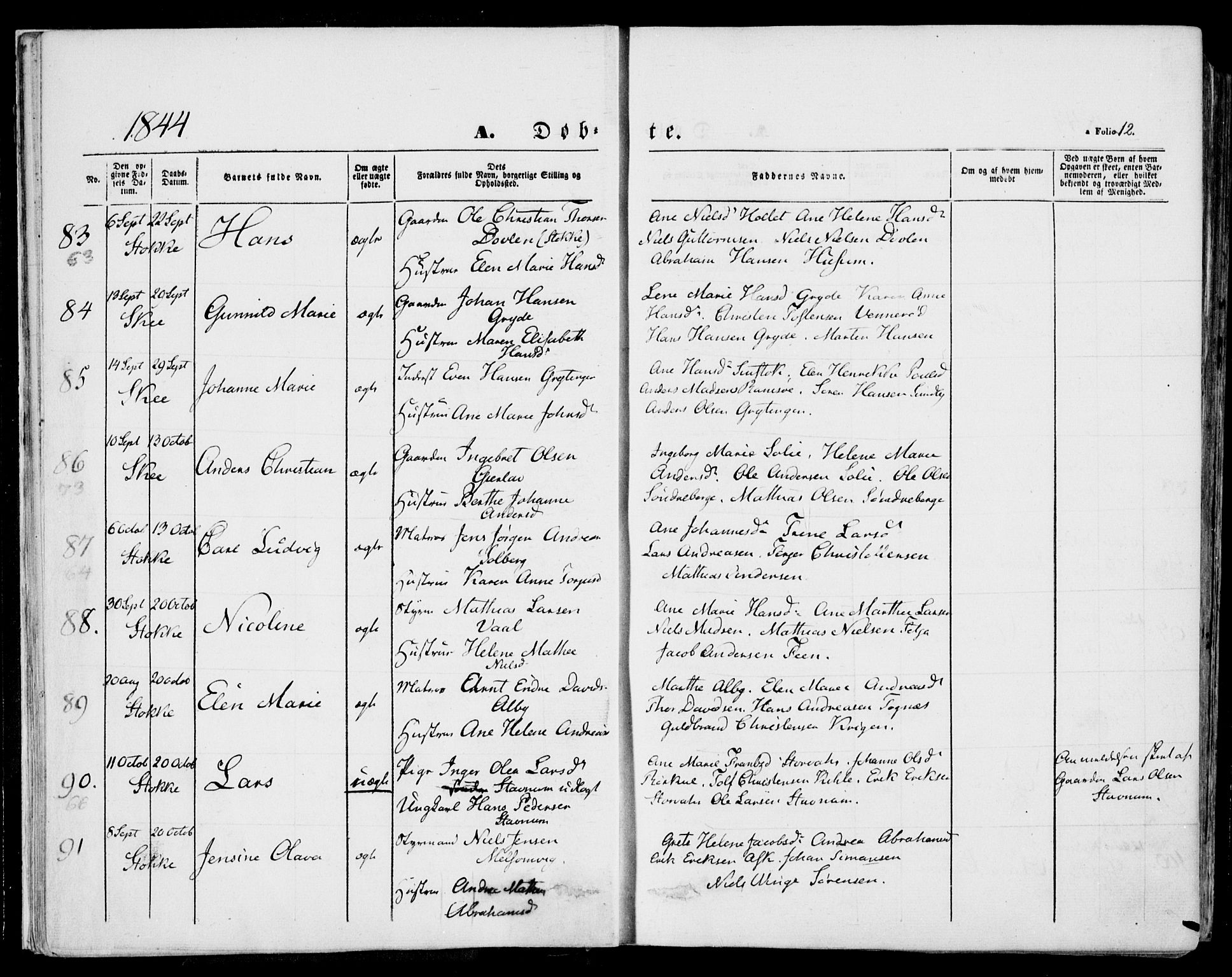 Stokke kirkebøker, AV/SAKO-A-320/F/Fa/L0007: Parish register (official) no. I 7, 1844-1857, p. 12