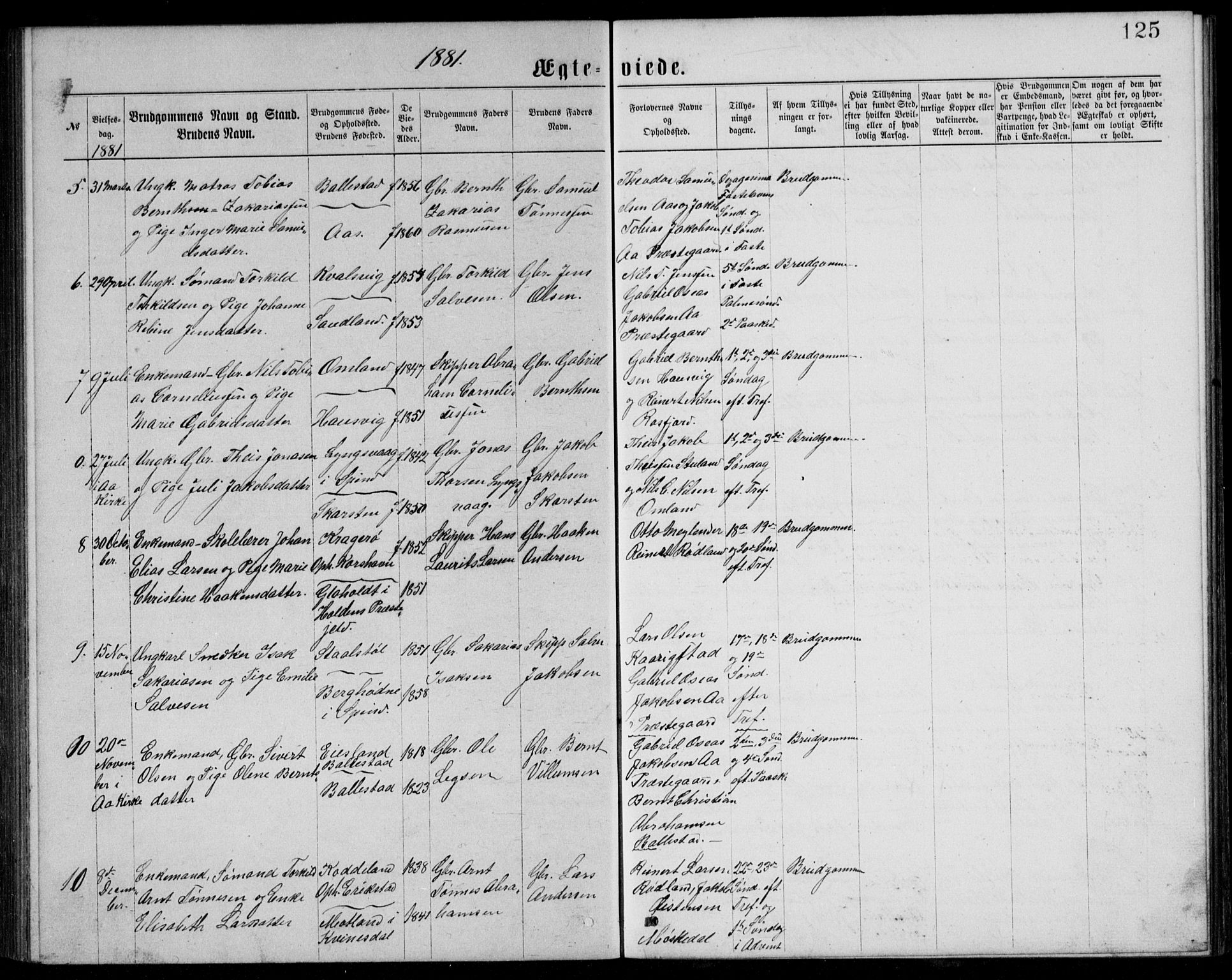 Lyngdal sokneprestkontor, AV/SAK-1111-0029/F/Fb/Fba/L0002: Parish register (copy) no. B 2, 1876-1886, p. 125