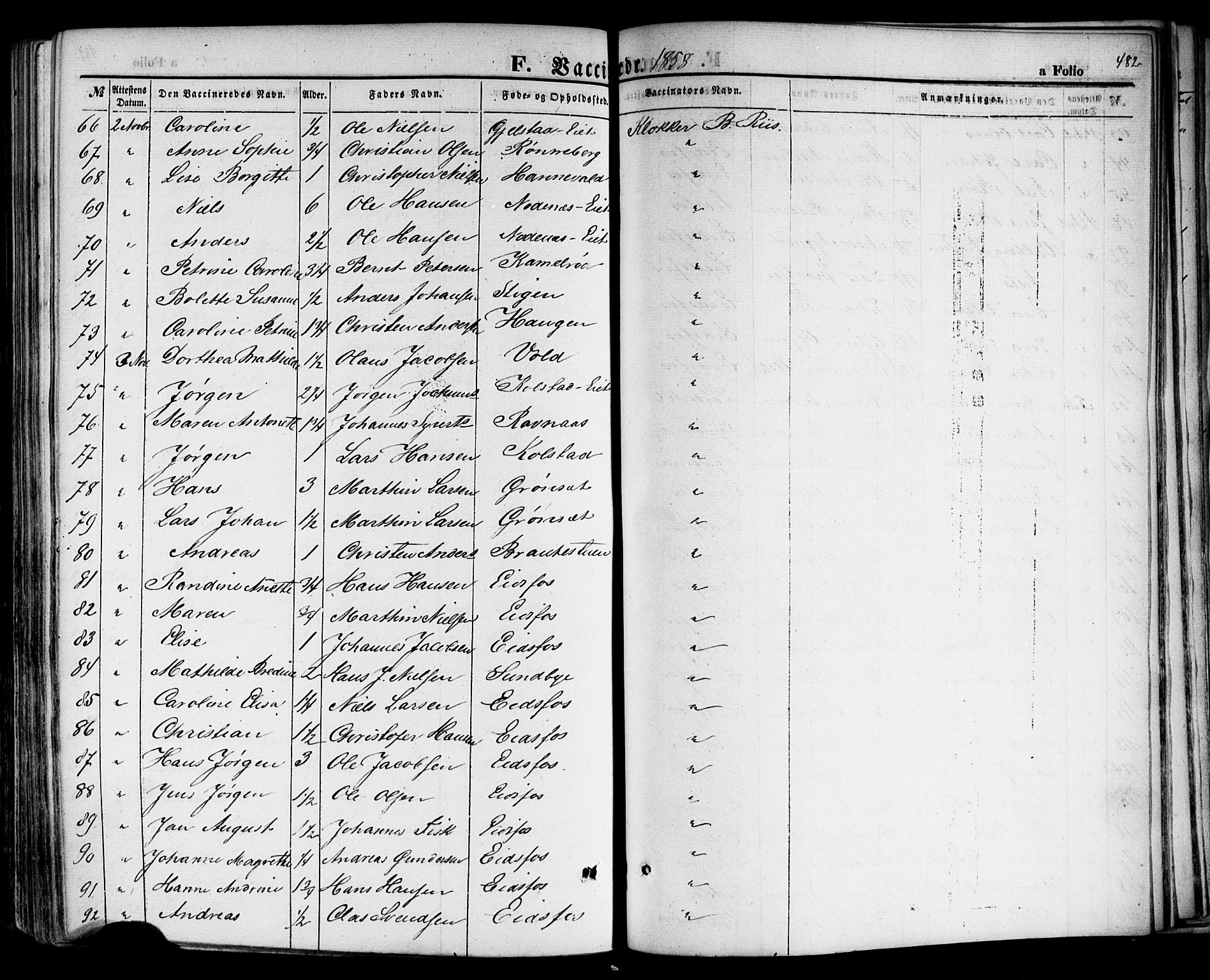 Hof kirkebøker, AV/SAKO-A-64/F/Fa/L0006: Parish register (official) no. I 6, 1851-1877, p. 482