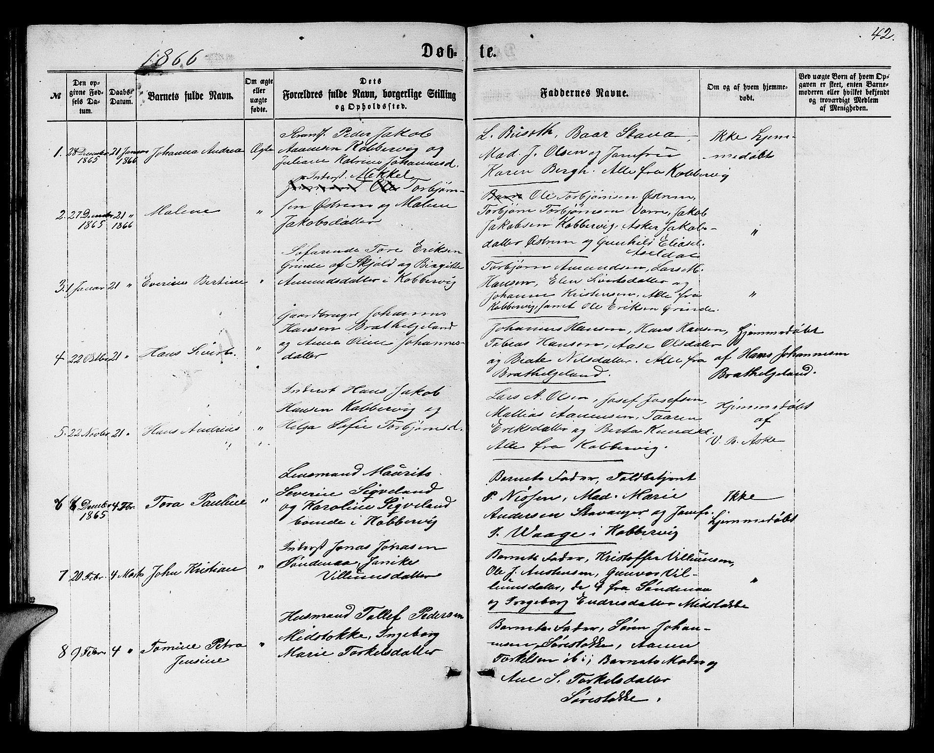 Avaldsnes sokneprestkontor, SAST/A -101851/H/Ha/Hab/L0004: Parish register (copy) no. B 4, 1861-1876, p. 42
