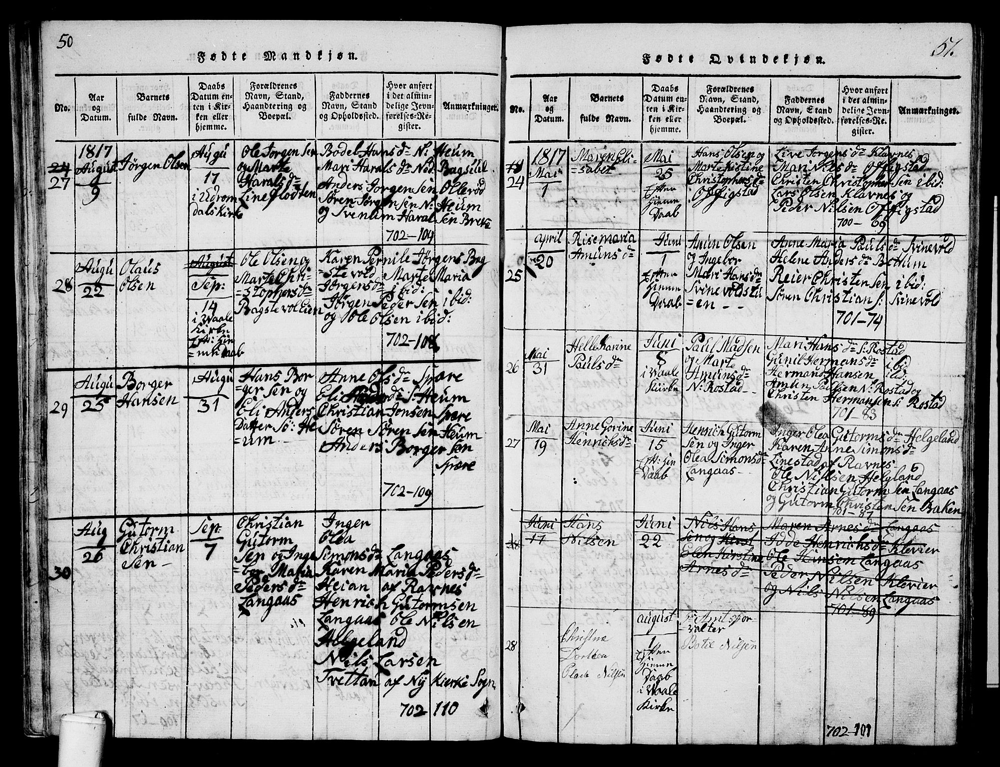 Våle kirkebøker, SAKO/A-334/G/Ga/L0001: Parish register (copy) no. I 1, 1814-1824, p. 50-51