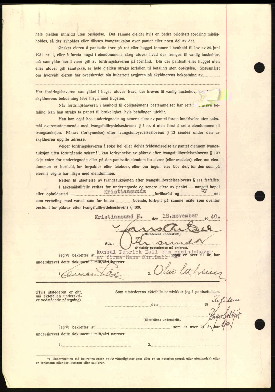 Kristiansund byfogd, AV/SAT-A-4587/A/27: Mortgage book no. 33, 1939-1941, Diary no: : 461/1940
