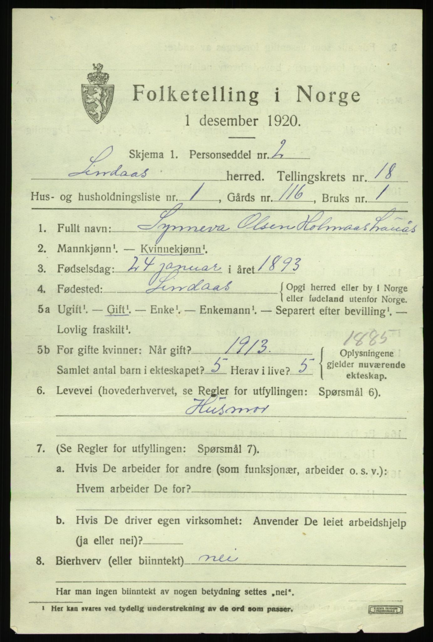 SAB, 1920 census for Lindås, 1920, p. 9307