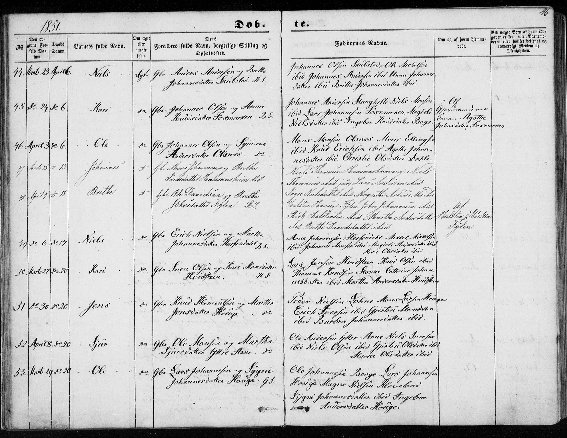 Haus sokneprestembete, AV/SAB-A-75601/H/Haa: Parish register (official) no. A 16 I, 1848-1857, p. 46