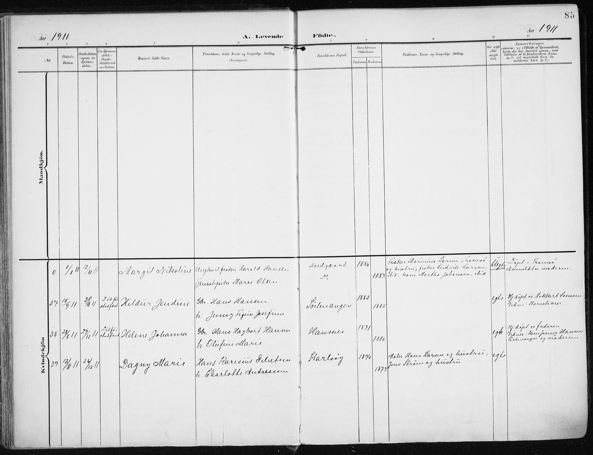 Karlsøy sokneprestembete, AV/SATØ-S-1299/H/Ha/Haa/L0014kirke: Parish register (official) no. 14, 1903-1917, p. 85