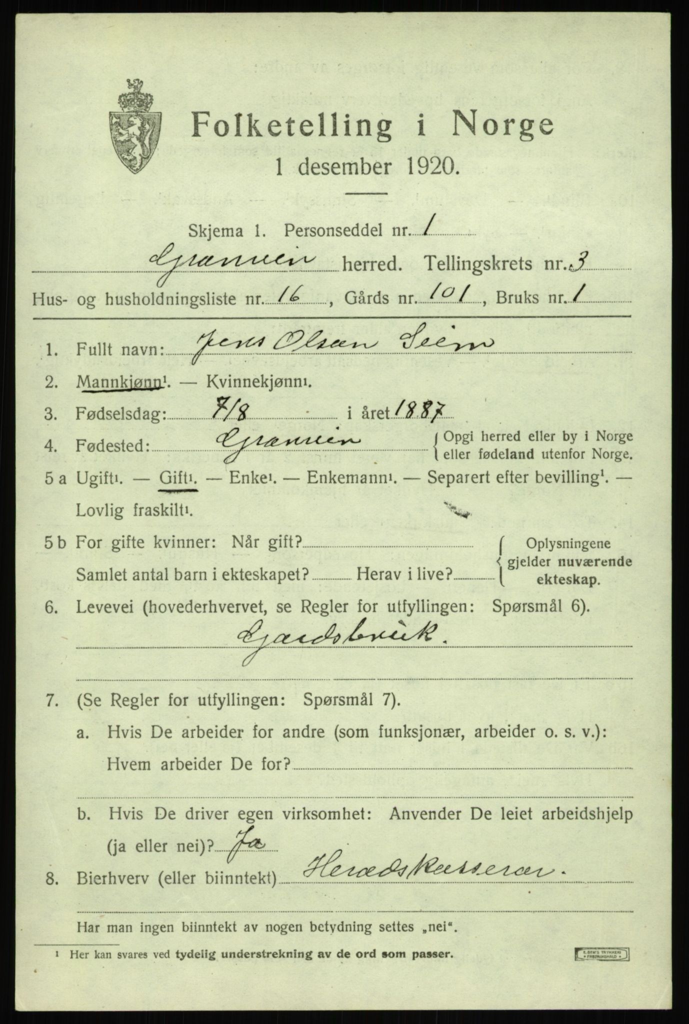 SAB, 1920 census for Granvin, 1920, p. 1308