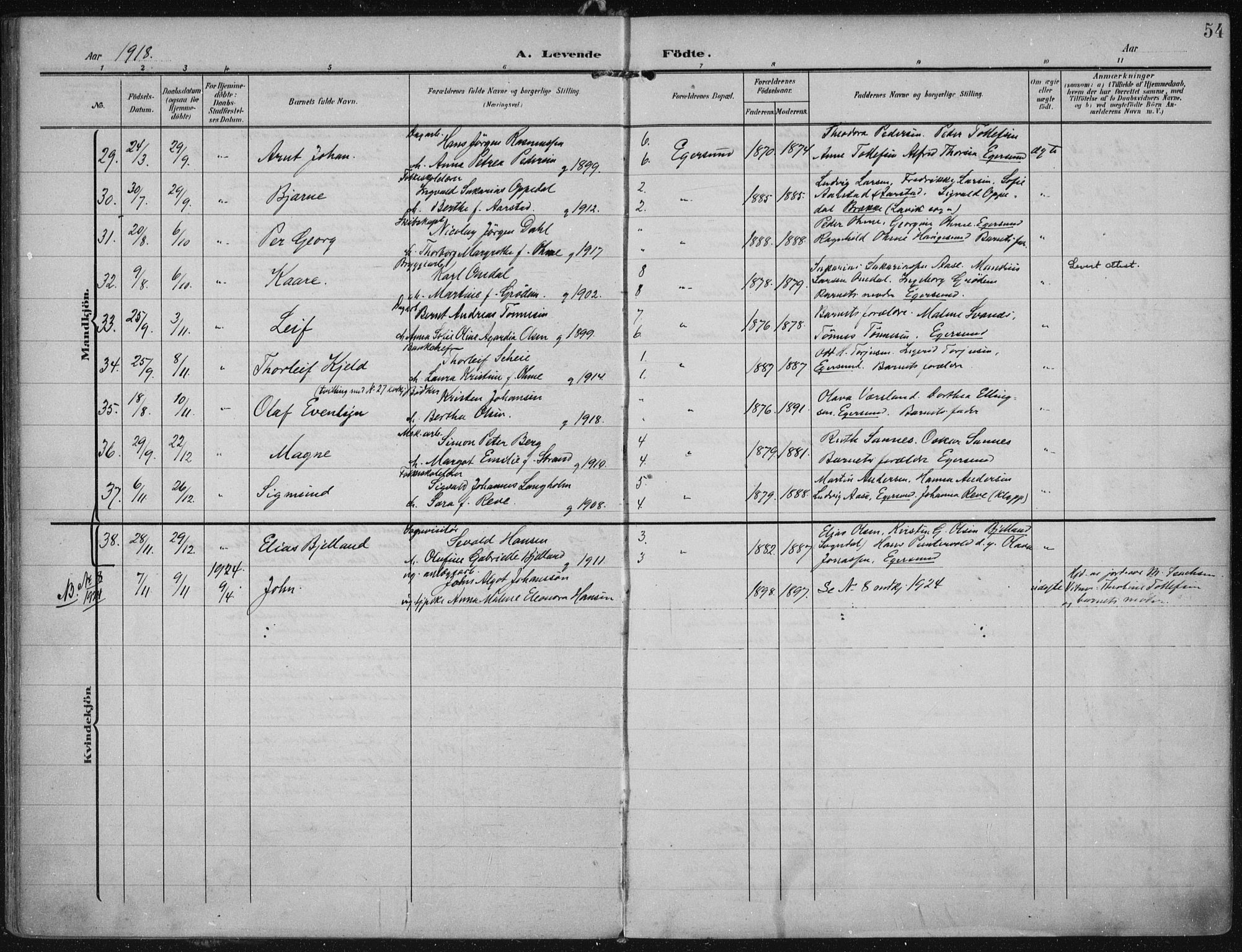 Eigersund sokneprestkontor, AV/SAST-A-101807/S08/L0022: Parish register (official) no. A 21, 1905-1928, p. 54