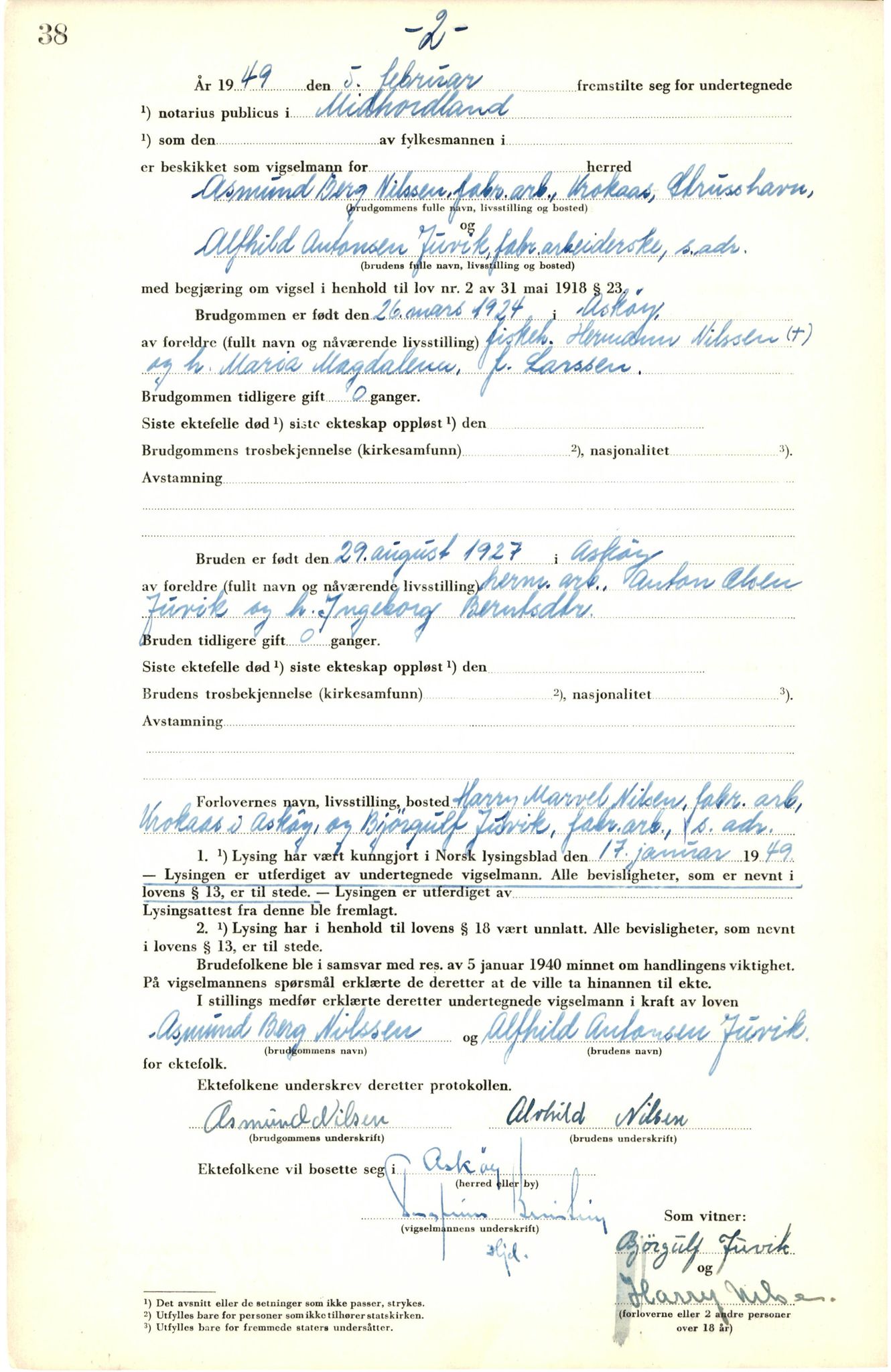 Midhordland sorenskriveri, SAB/A-3001/1/M/Mc/Mca/L0008: Vigselbok, 1948-1952, p. 38