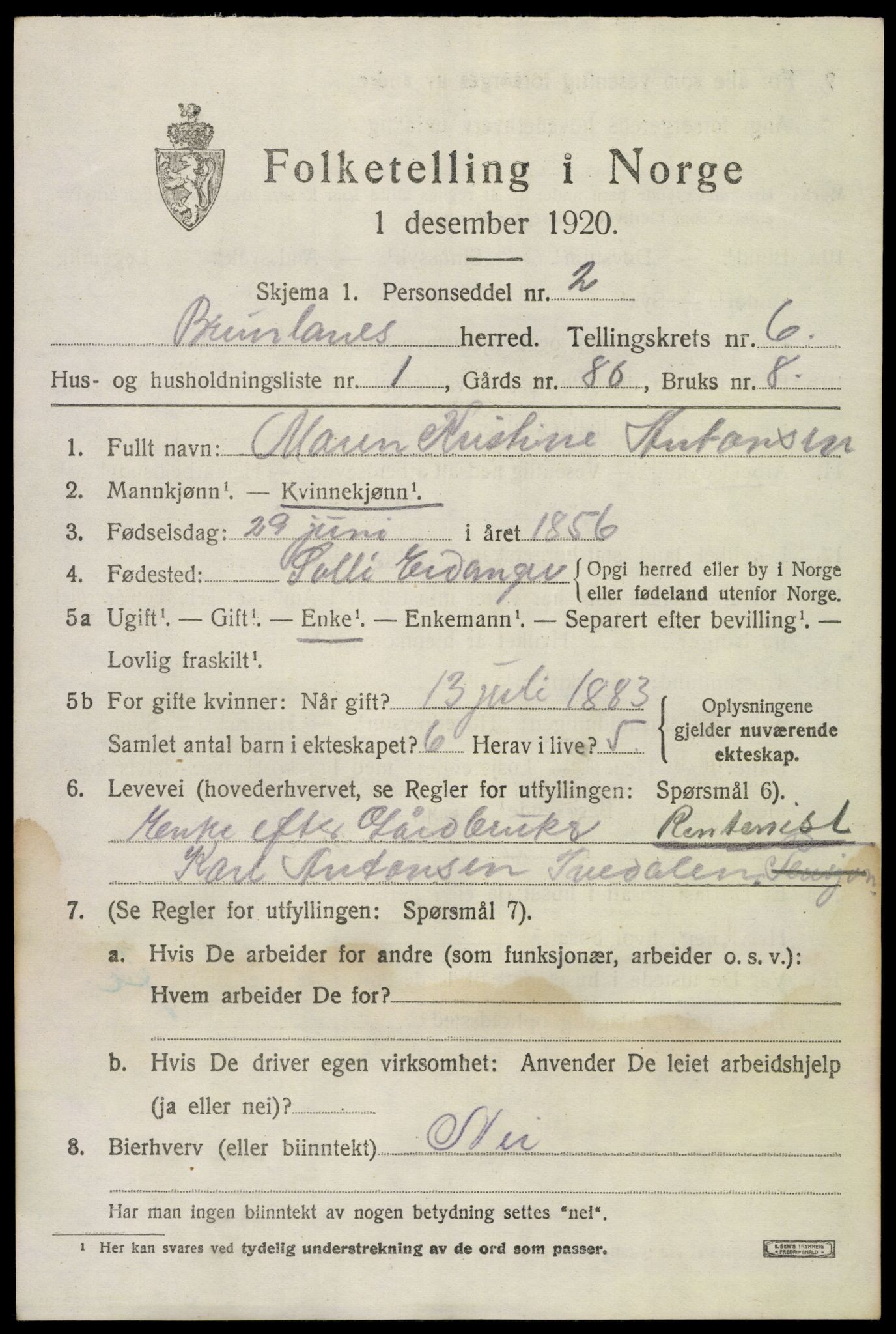 SAKO, 1920 census for Brunlanes, 1920, p. 6761