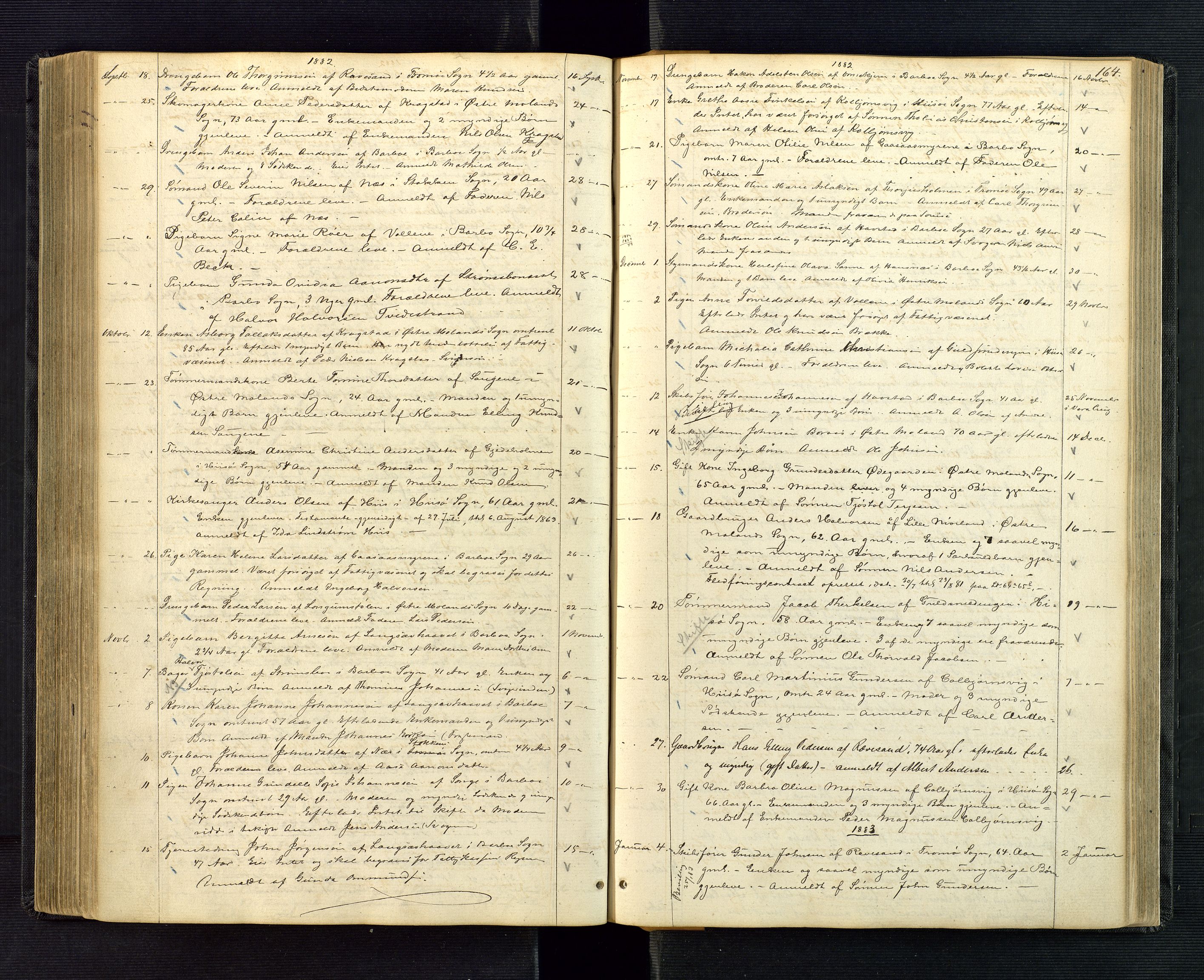 Nedenes sorenskriveri, AV/SAK-1221-0006/H/Ha/L0002: Dødsfallsfortegnelse nr 2, 1863-1889, p. 164