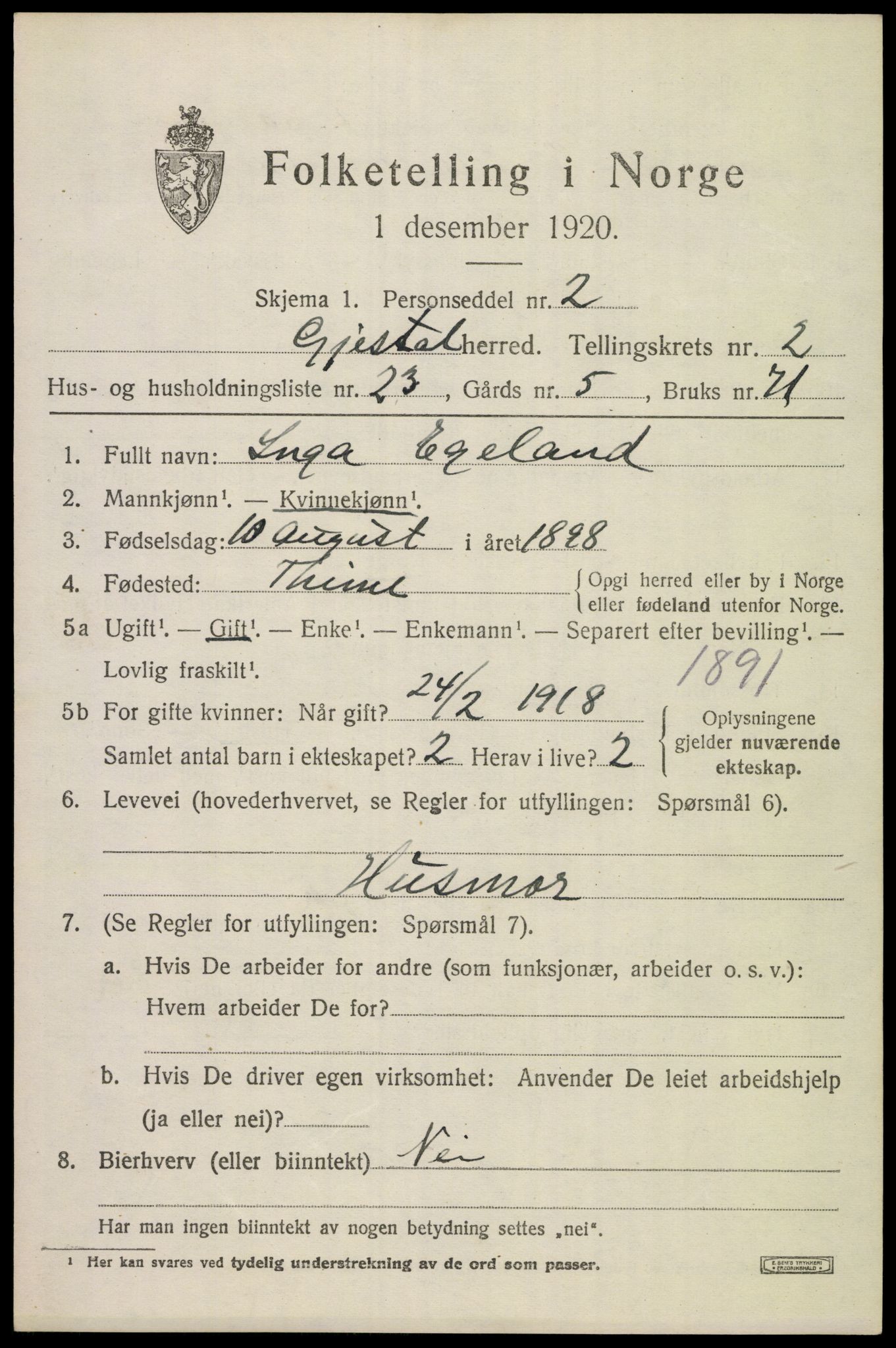 SAST, 1920 census for Gjesdal, 1920, p. 1736