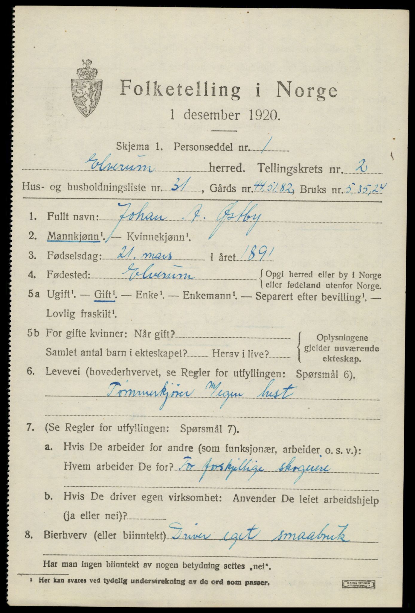 SAH, 1920 census for Elverum, 1920, p. 4882