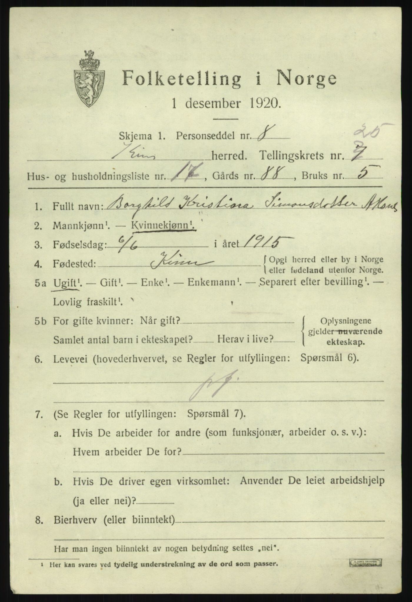 SAB, 1920 census for Kinn, 1920, p. 8879