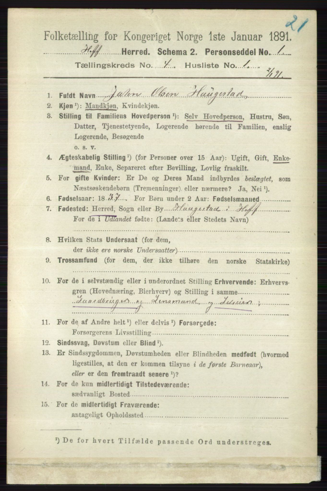 RA, 1891 census for 0714 Hof, 1891, p. 1130