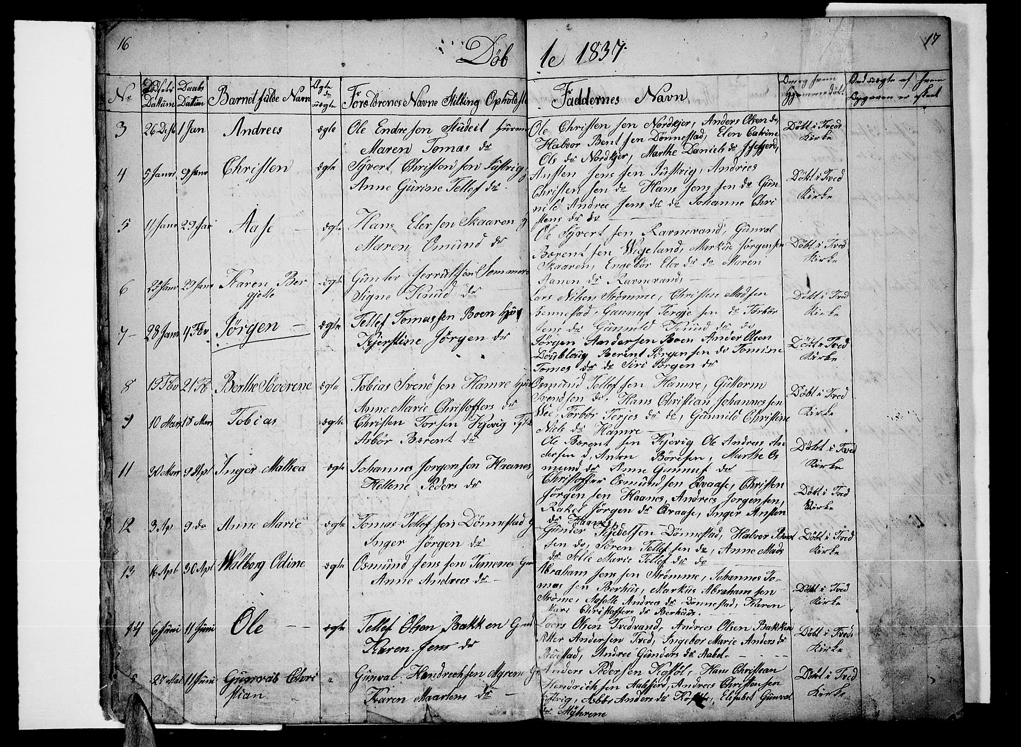 Tveit sokneprestkontor, AV/SAK-1111-0043/F/Fb/L0002: Parish register (copy) no. B 2, 1835-1854, p. 16-17