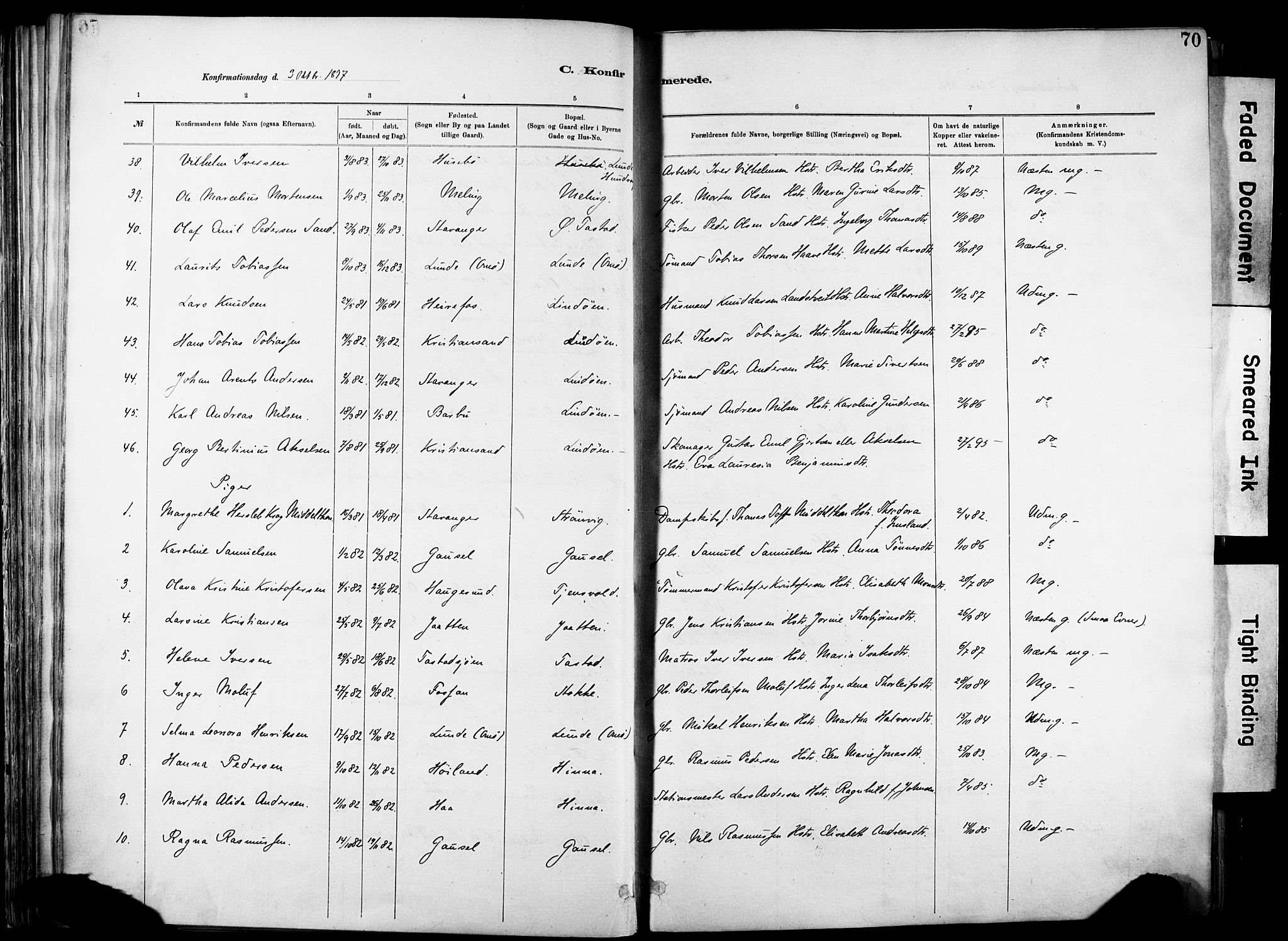 Hetland sokneprestkontor, AV/SAST-A-101826/30/30BA/L0012: Parish register (official) no. A 12, 1882-1912, p. 70