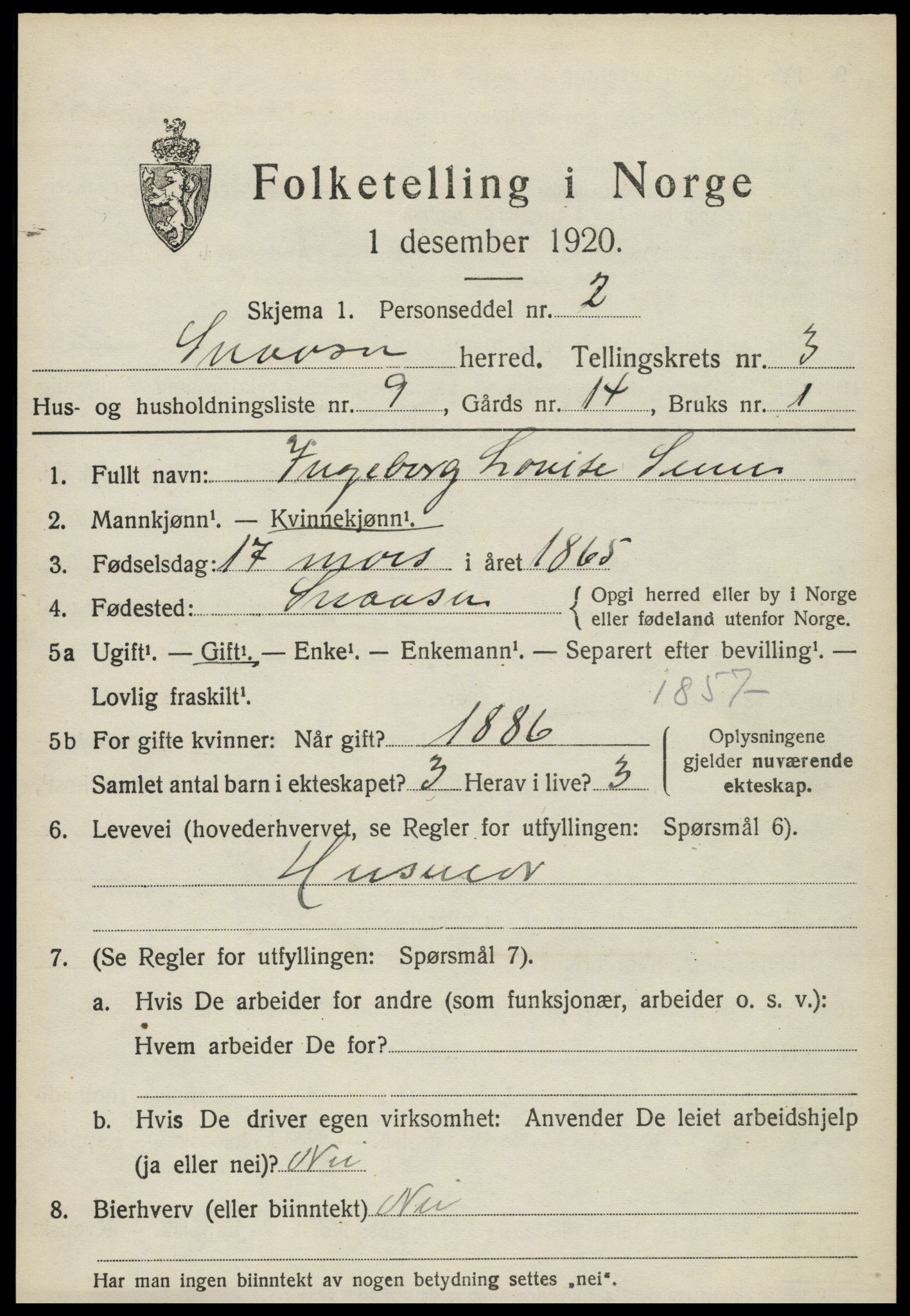 SAT, 1920 census for Snåsa, 1920, p. 1624