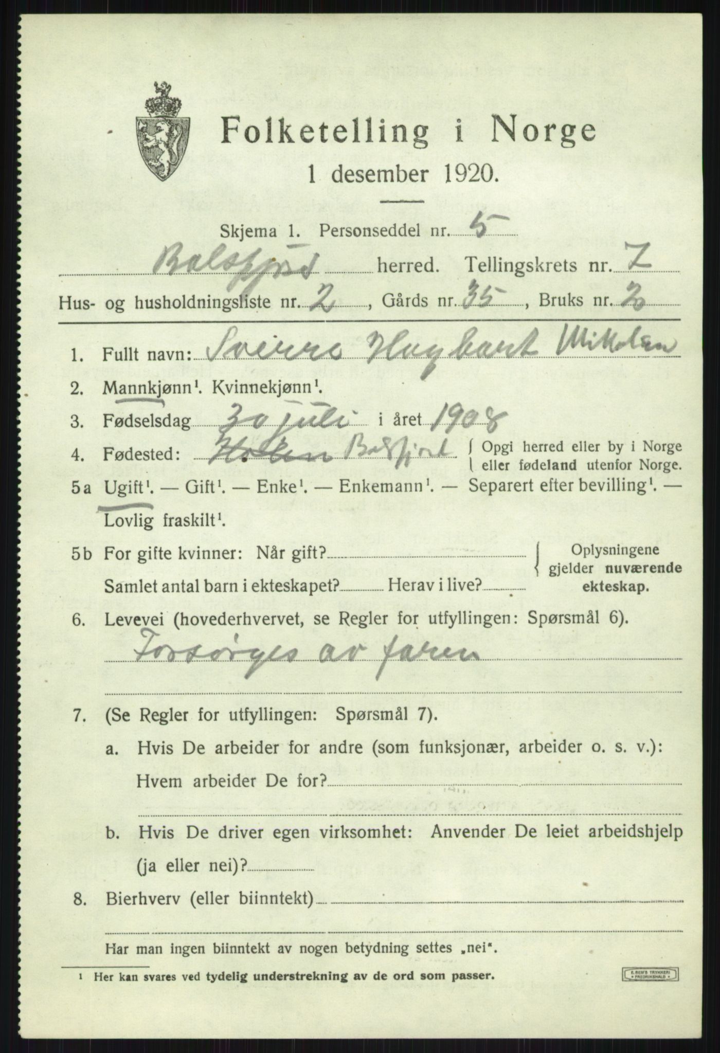 SATØ, 1920 census for Balsfjord, 1920, p. 4186