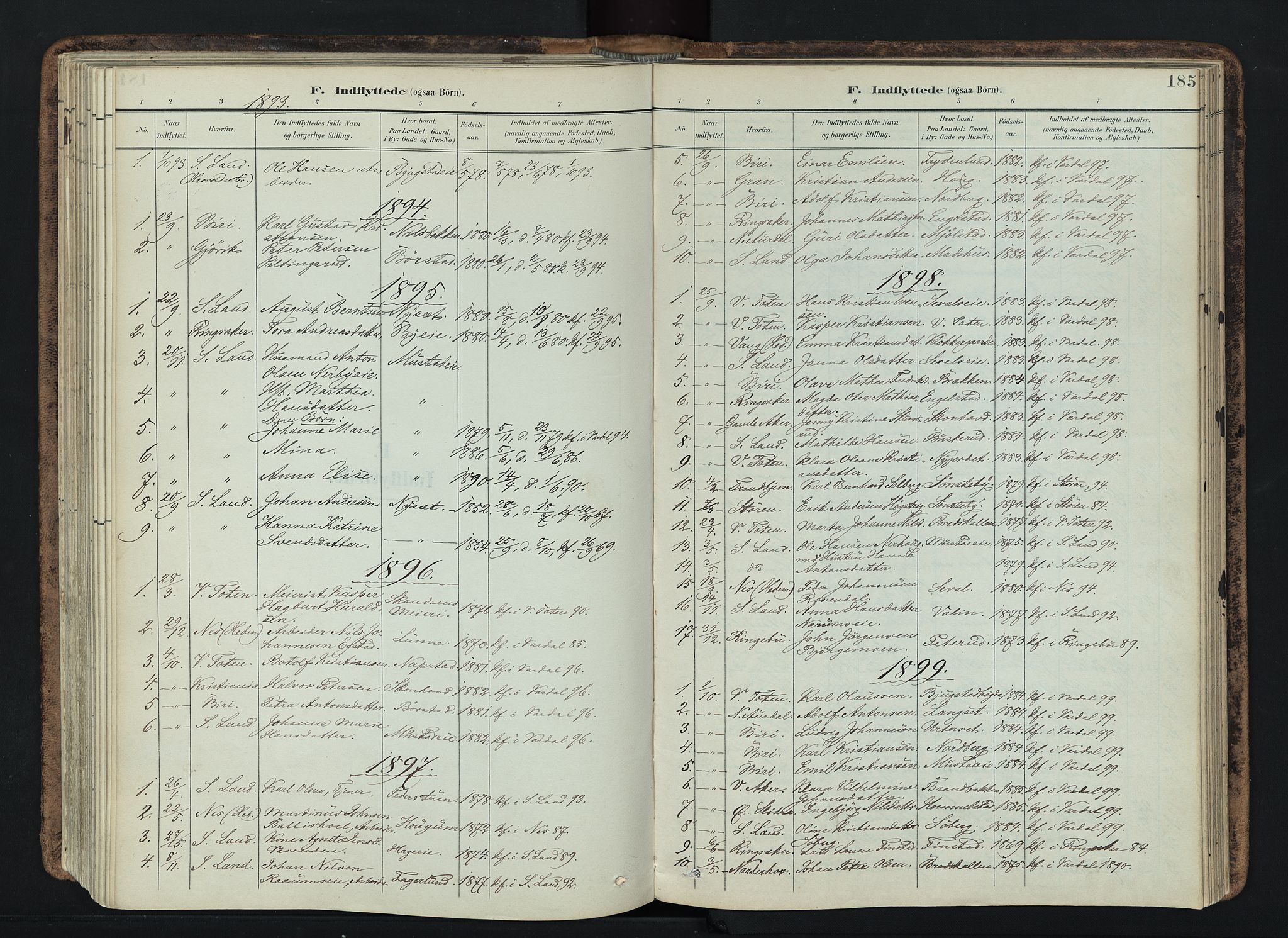 Vardal prestekontor, SAH/PREST-100/H/Ha/Haa/L0019: Parish register (official) no. 19, 1893-1907, p. 185