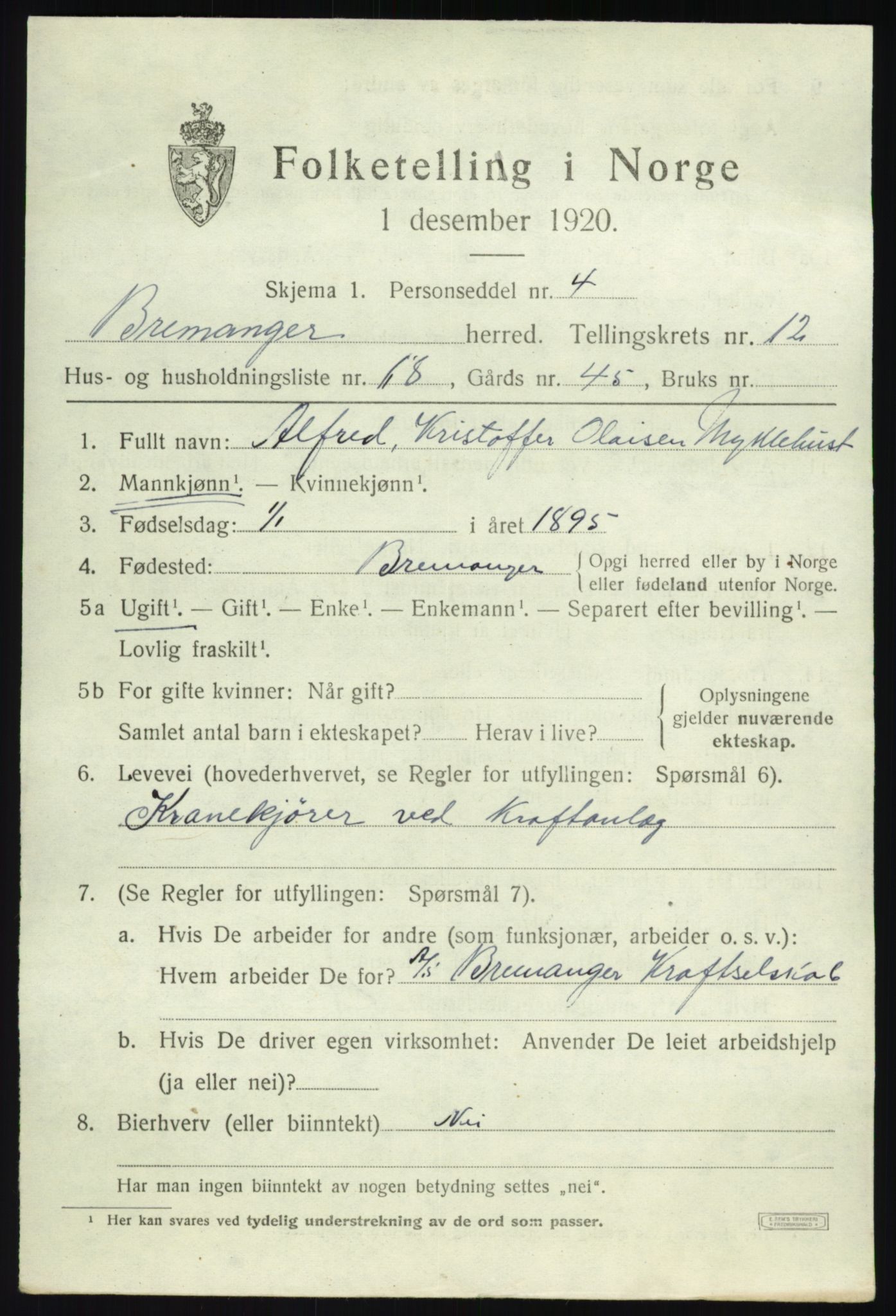 SAB, 1920 census for Bremanger, 1920, p. 6742