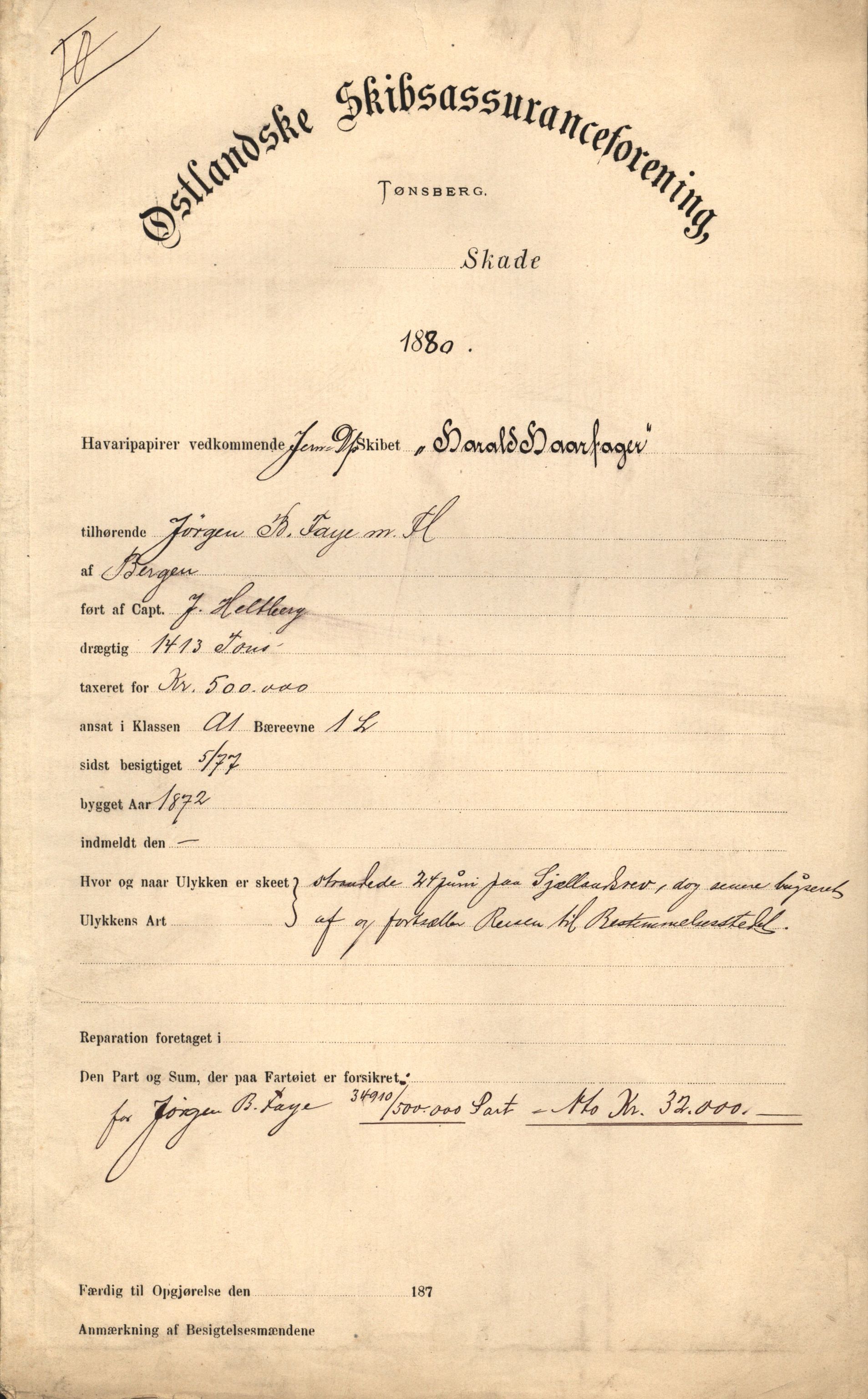 Pa 63 - Østlandske skibsassuranceforening, VEMU/A-1079/G/Ga/L0012/0008: Havaridokumenter / Harald Haarfager, 1880