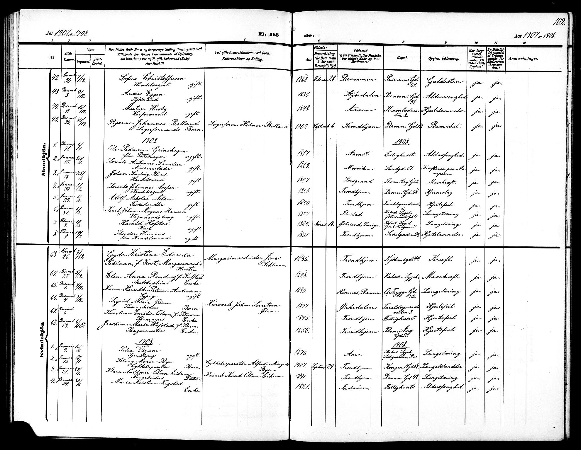 Ministerialprotokoller, klokkerbøker og fødselsregistre - Sør-Trøndelag, SAT/A-1456/602/L0146: Parish register (copy) no. 602C14, 1904-1914, p. 102