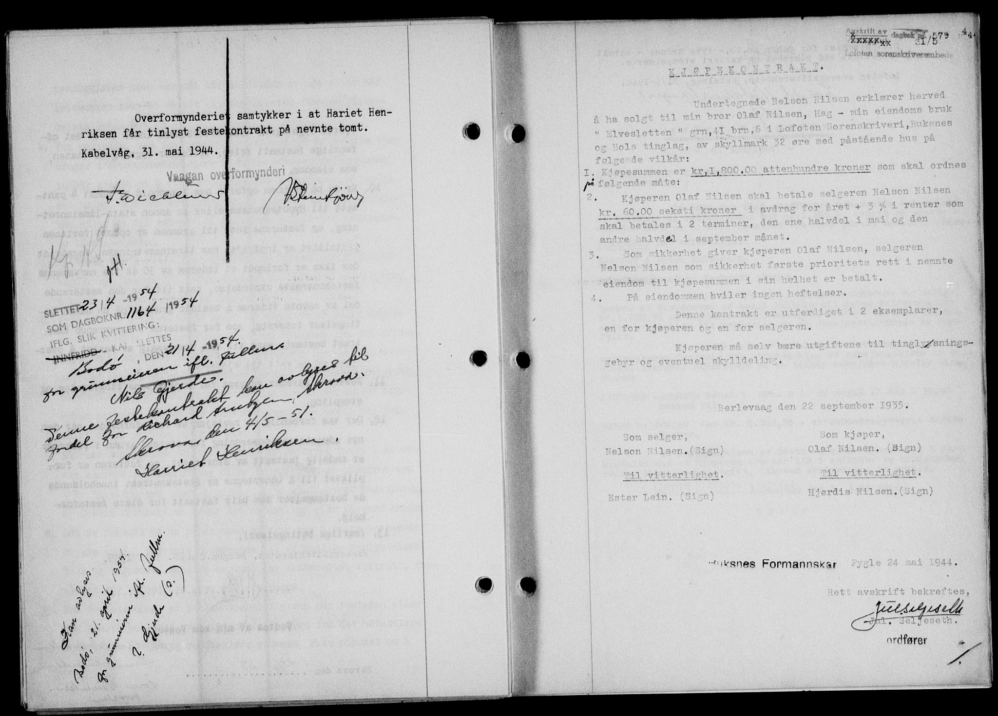 Lofoten sorenskriveri, SAT/A-0017/1/2/2C/L0012a: Mortgage book no. 12a, 1943-1944, Diary no: : 579/1944