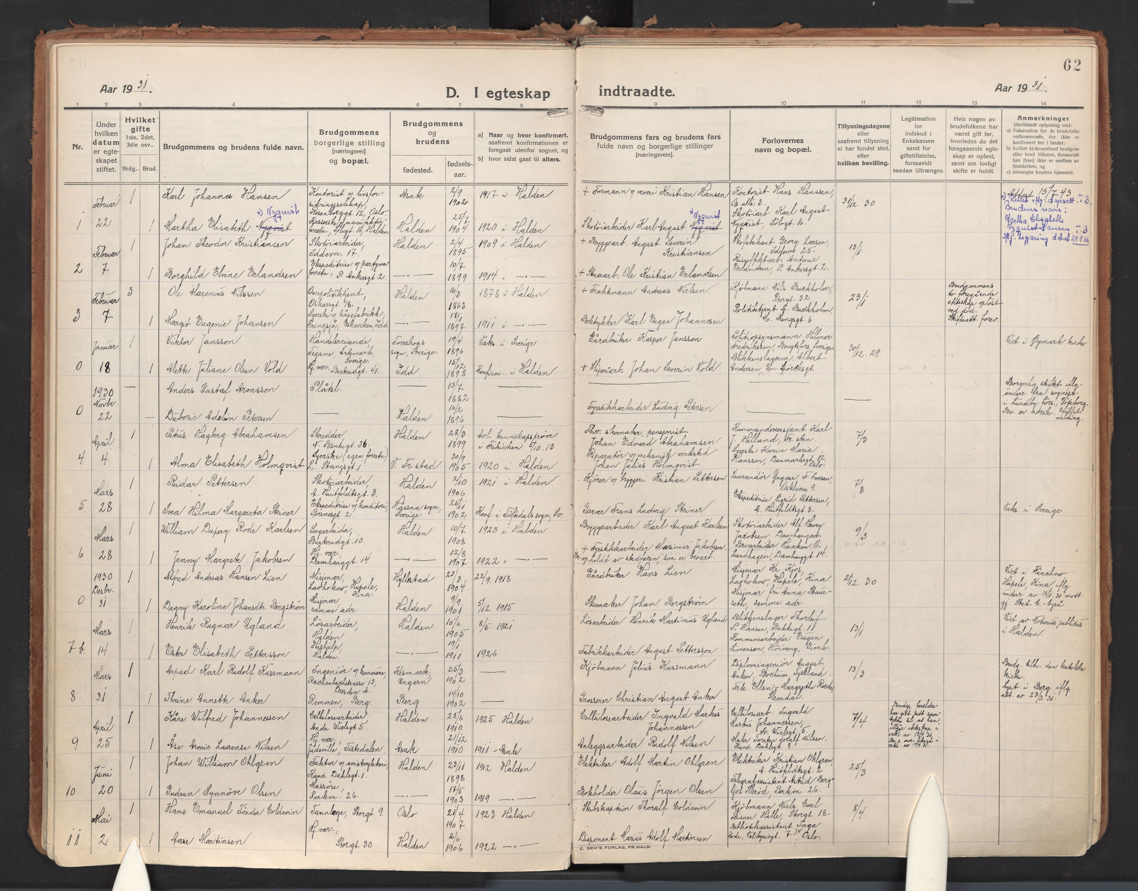Halden prestekontor Kirkebøker, SAO/A-10909/F/Fa/L0017: Parish register (official) no. I 17, 1921-1945, p. 62