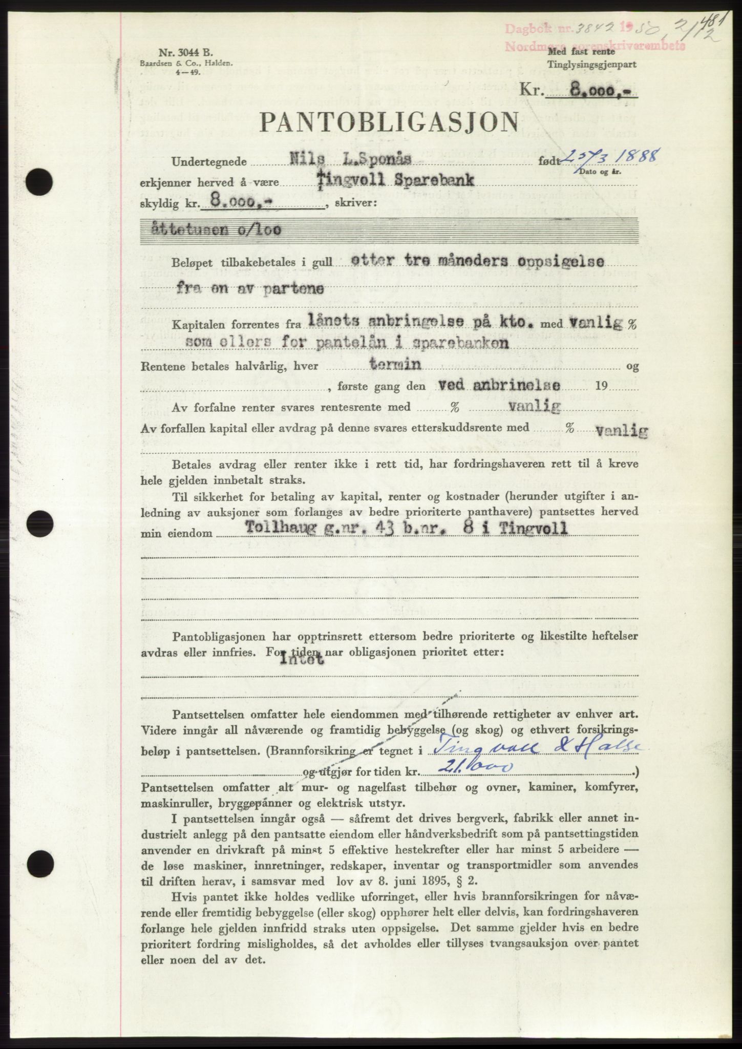 Nordmøre sorenskriveri, AV/SAT-A-4132/1/2/2Ca: Mortgage book no. B106, 1950-1950, Diary no: : 3842/1950