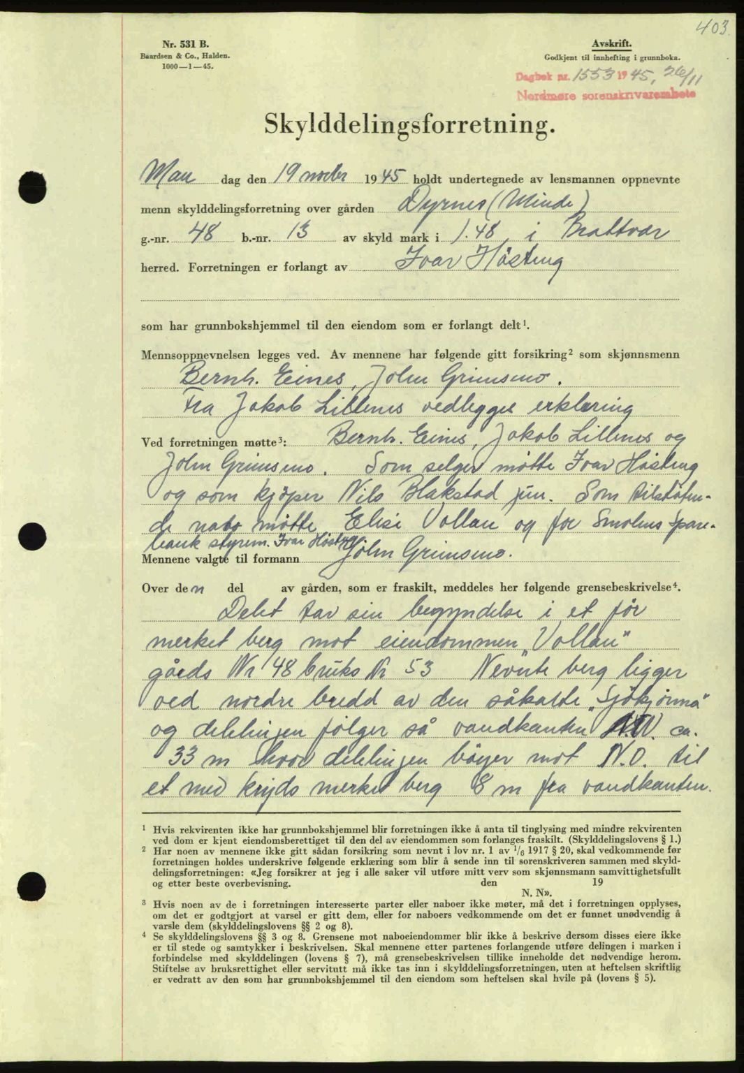 Nordmøre sorenskriveri, AV/SAT-A-4132/1/2/2Ca: Mortgage book no. A100a, 1945-1945, Diary no: : 1553/1945