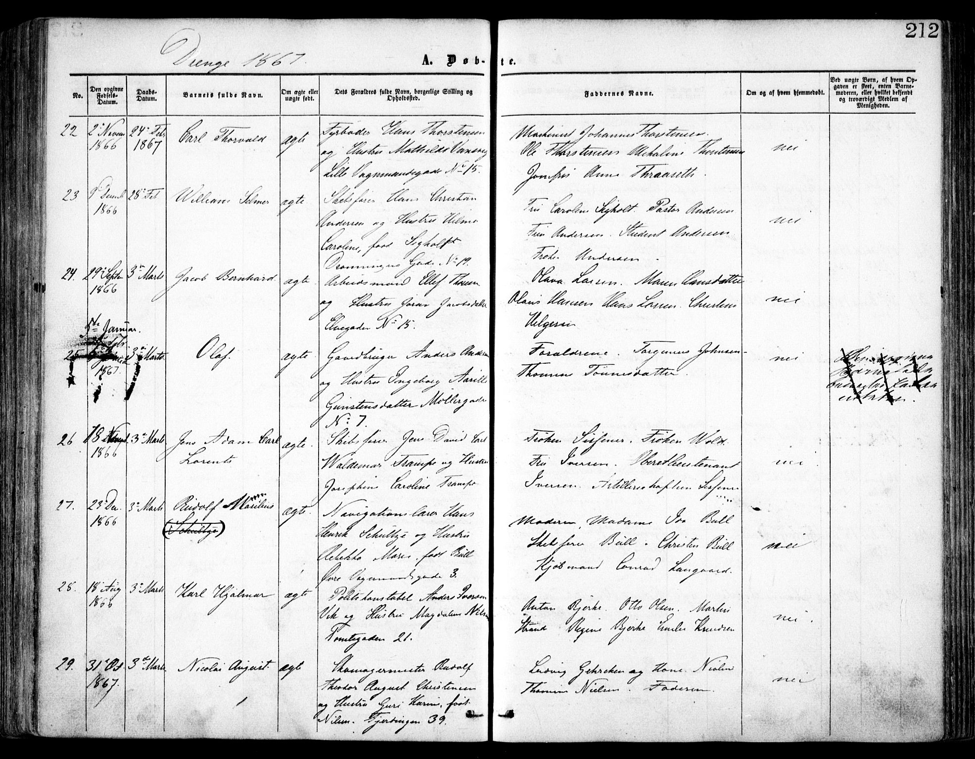 Oslo domkirke Kirkebøker, SAO/A-10752/F/Fa/L0016: Parish register (official) no. 16, 1863-1871, p. 212