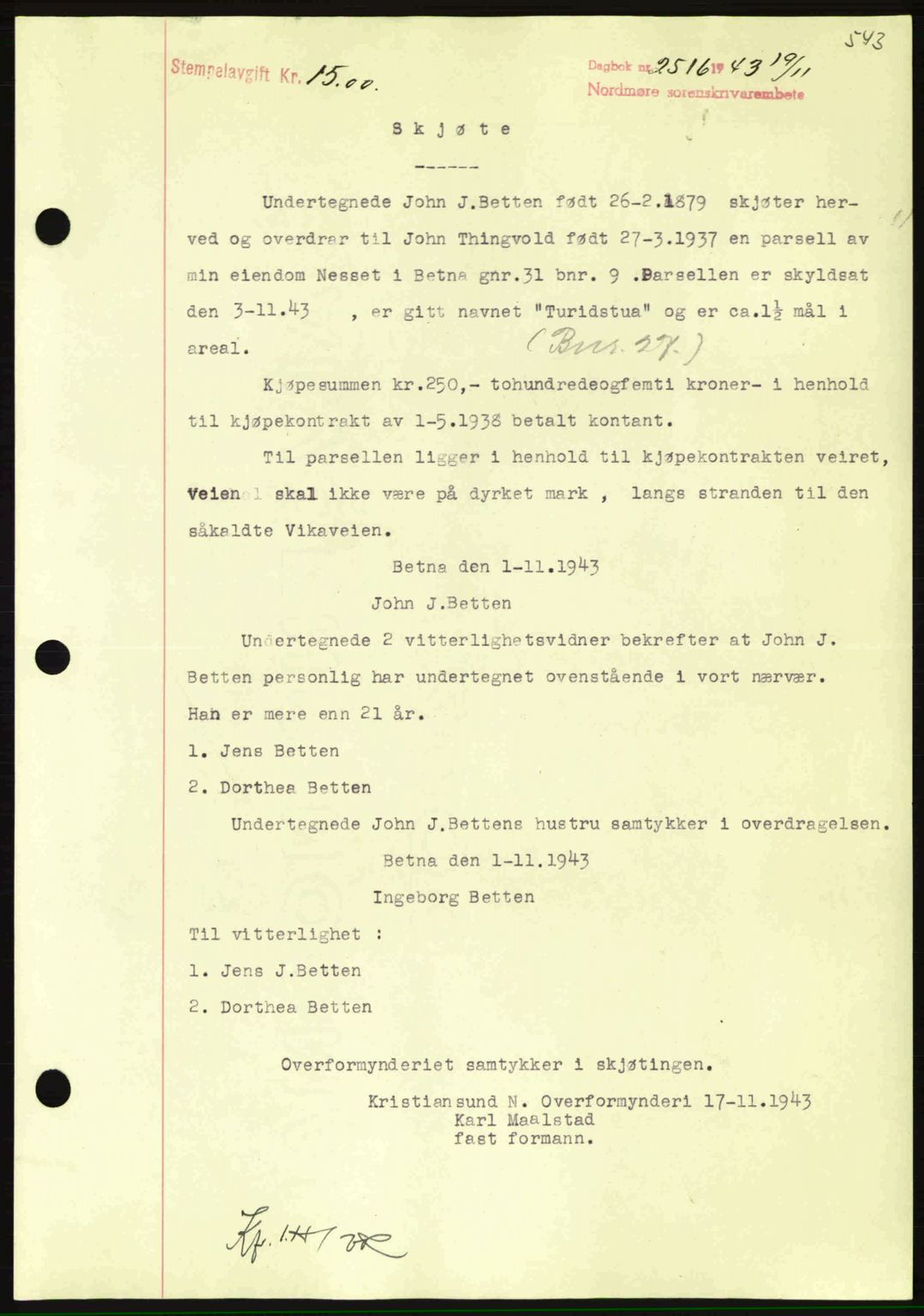 Nordmøre sorenskriveri, SAT/A-4132/1/2/2Ca: Mortgage book no. A96, 1943-1944, Diary no: : 2516/1943