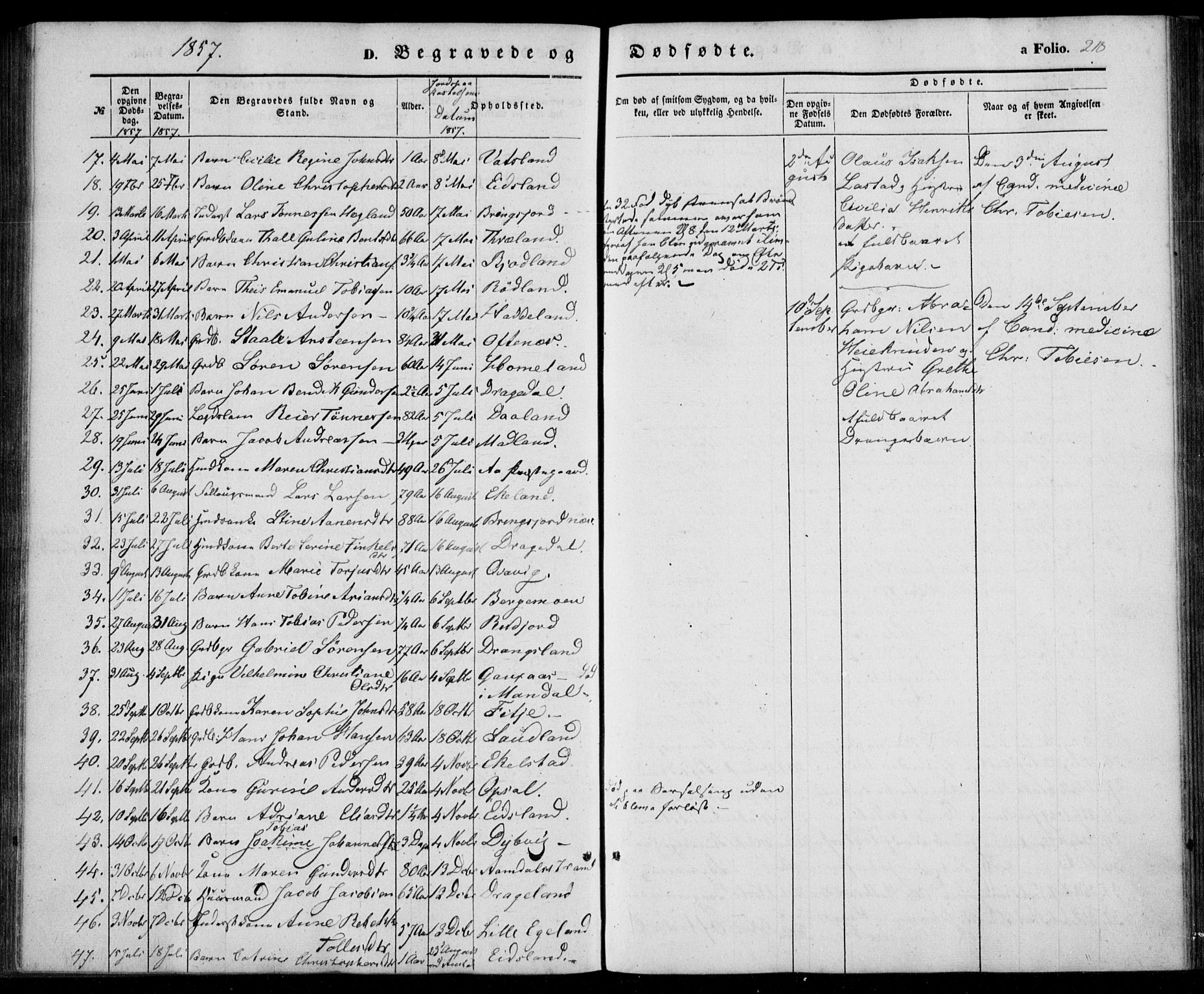 Lyngdal sokneprestkontor, SAK/1111-0029/F/Fa/Fac/L0009: Parish register (official) no. A 9, 1852-1864, p. 218