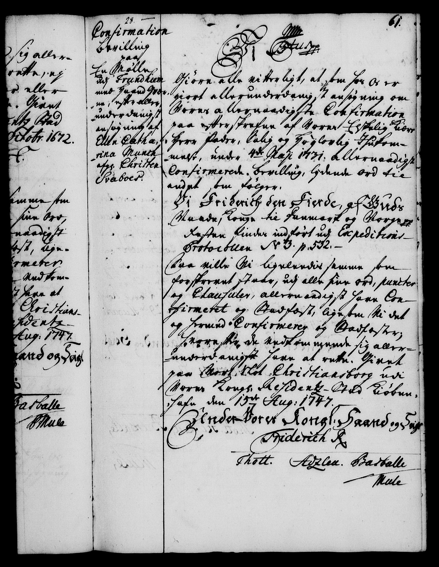 Rentekammeret, Kammerkanselliet, RA/EA-3111/G/Gg/Ggc/Ggca/L0001: Norsk konfirmasjonsekspedisjonsprotokoll med register (merket RK 53.23), 1746-1750, p. 61