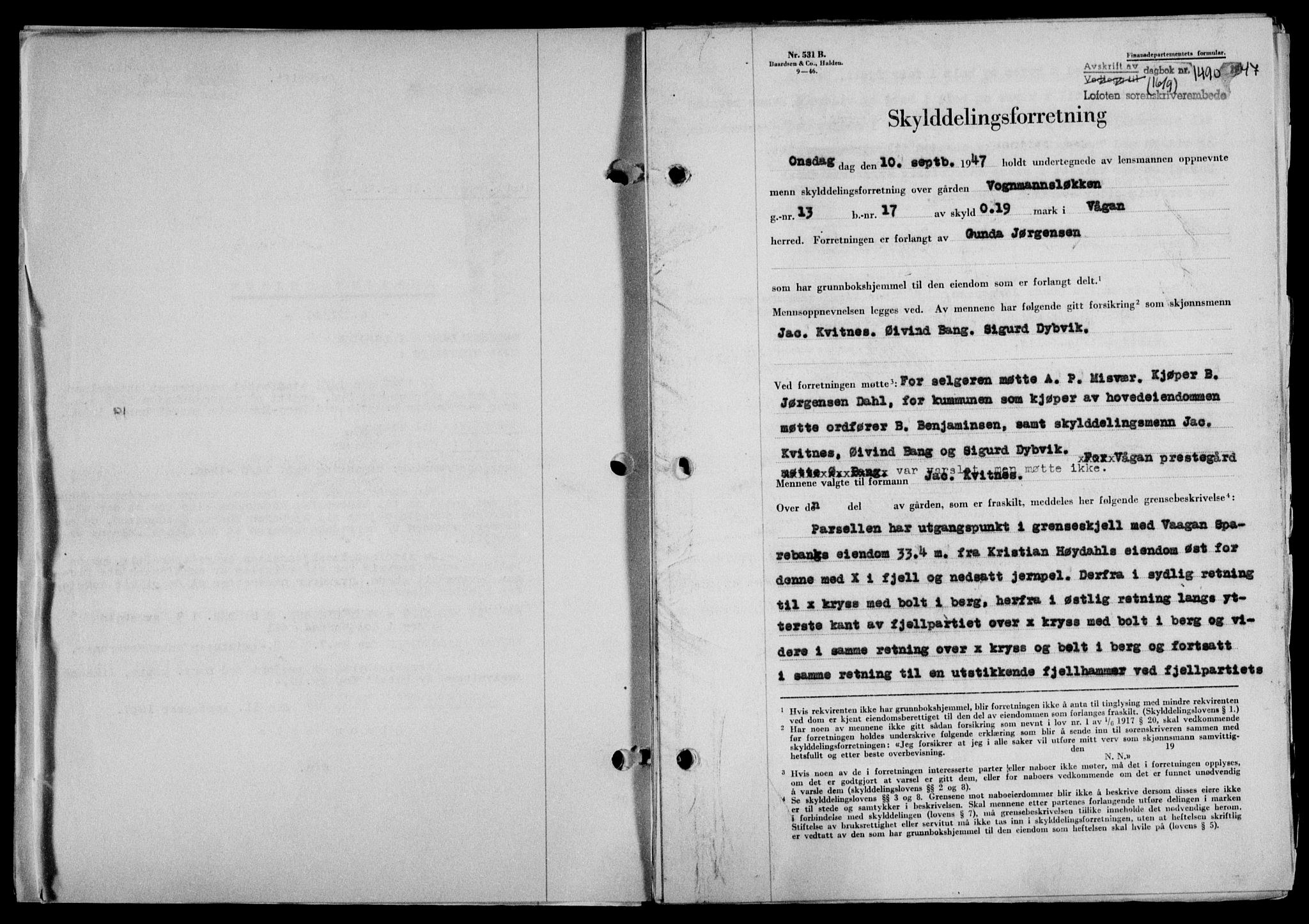 Lofoten sorenskriveri, SAT/A-0017/1/2/2C/L0016a: Mortgage book no. 16a, 1947-1947, Diary no: : 1490/1947