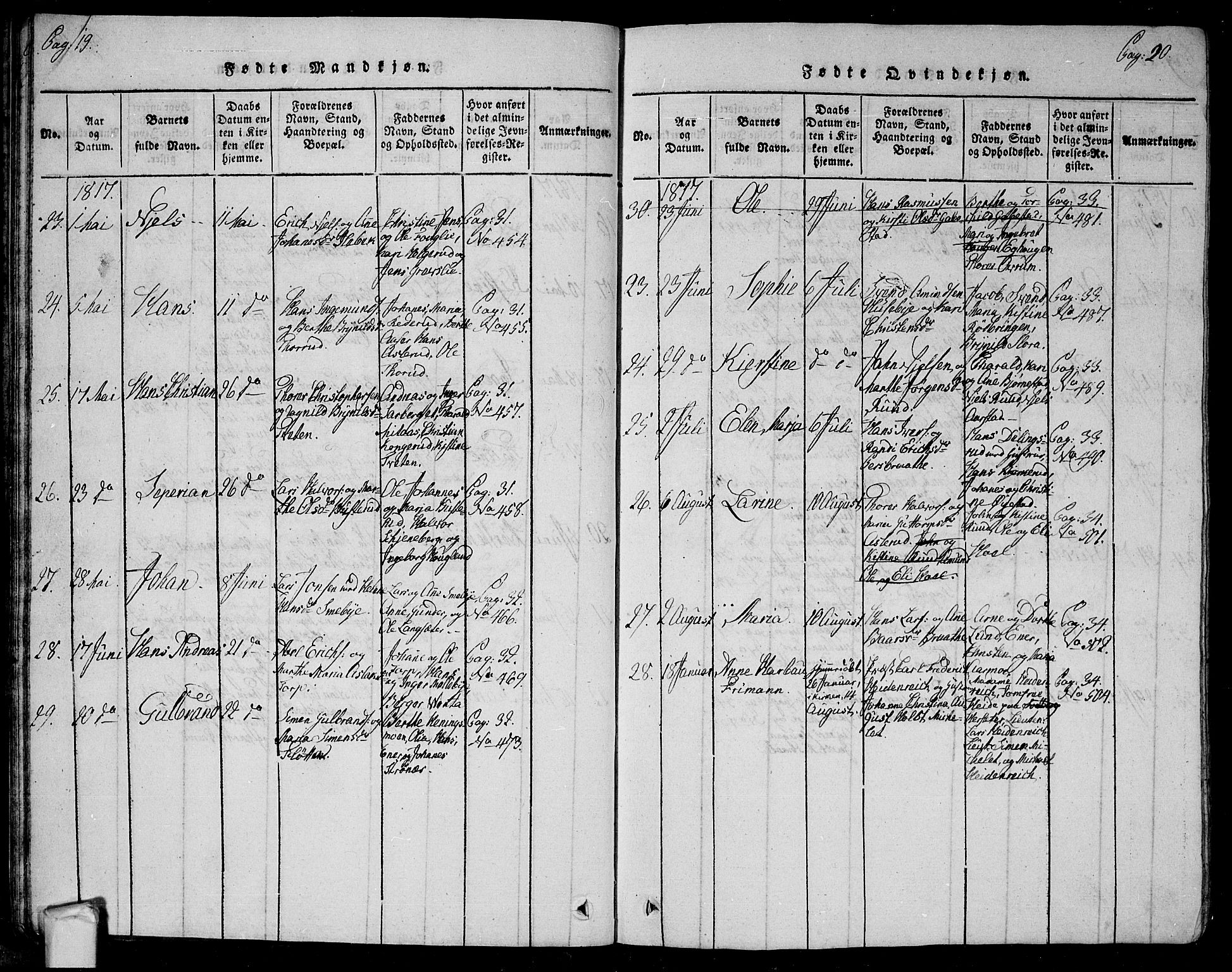 Trøgstad prestekontor Kirkebøker, SAO/A-10925/G/Ga/L0001: Parish register (copy) no. I 1, 1815-1831, p. 19b-20a