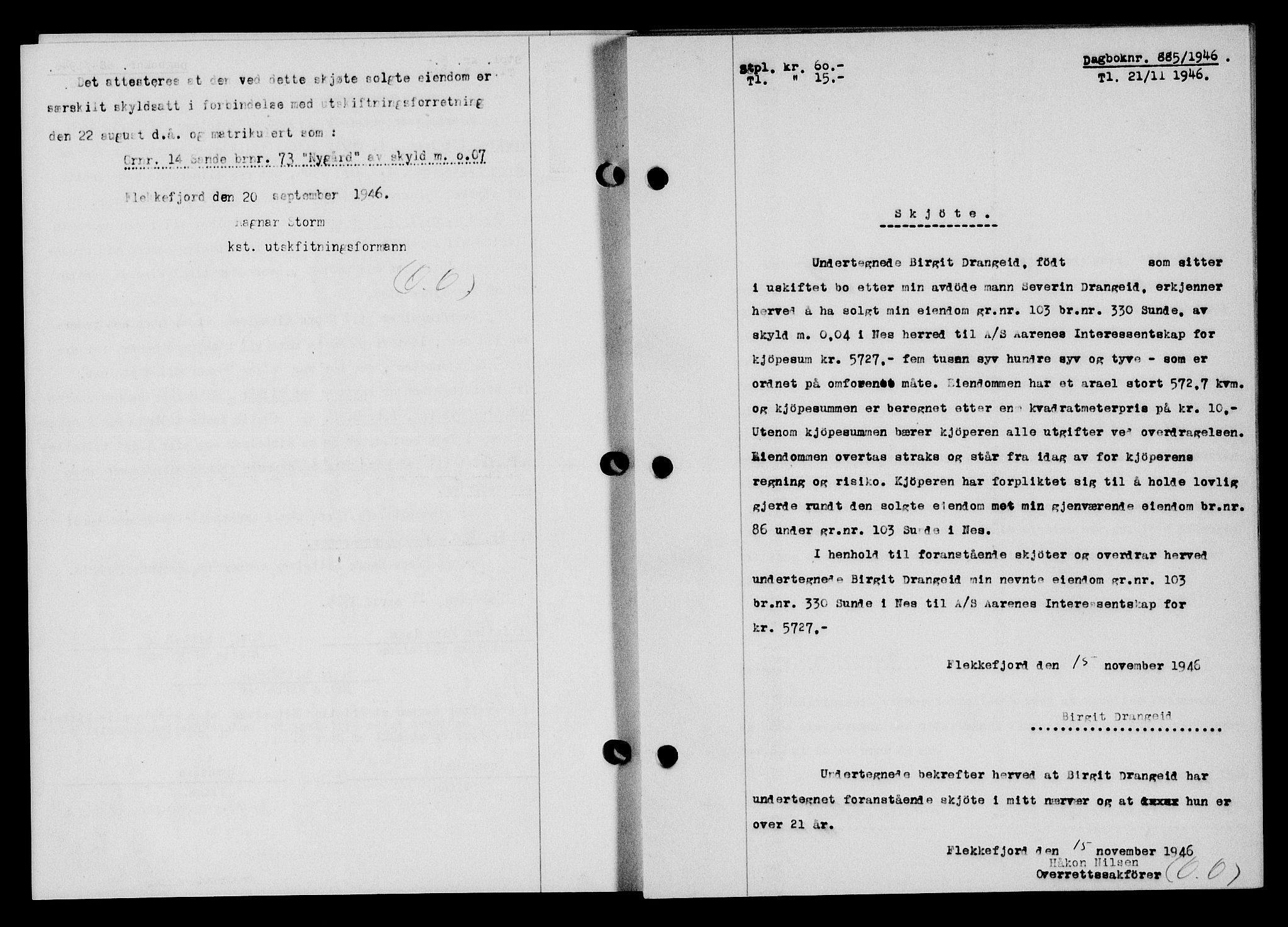 Flekkefjord sorenskriveri, SAK/1221-0001/G/Gb/Gba/L0061: Mortgage book no. A-9, 1946-1947, Diary no: : 885/1946