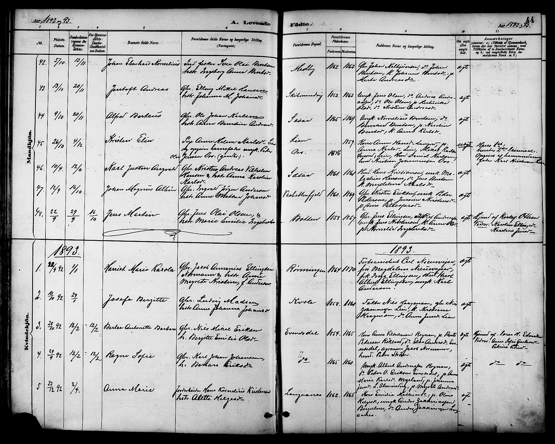 Ministerialprotokoller, klokkerbøker og fødselsregistre - Nordland, AV/SAT-A-1459/847/L0669: Parish register (official) no. 847A09, 1887-1901, p. 44