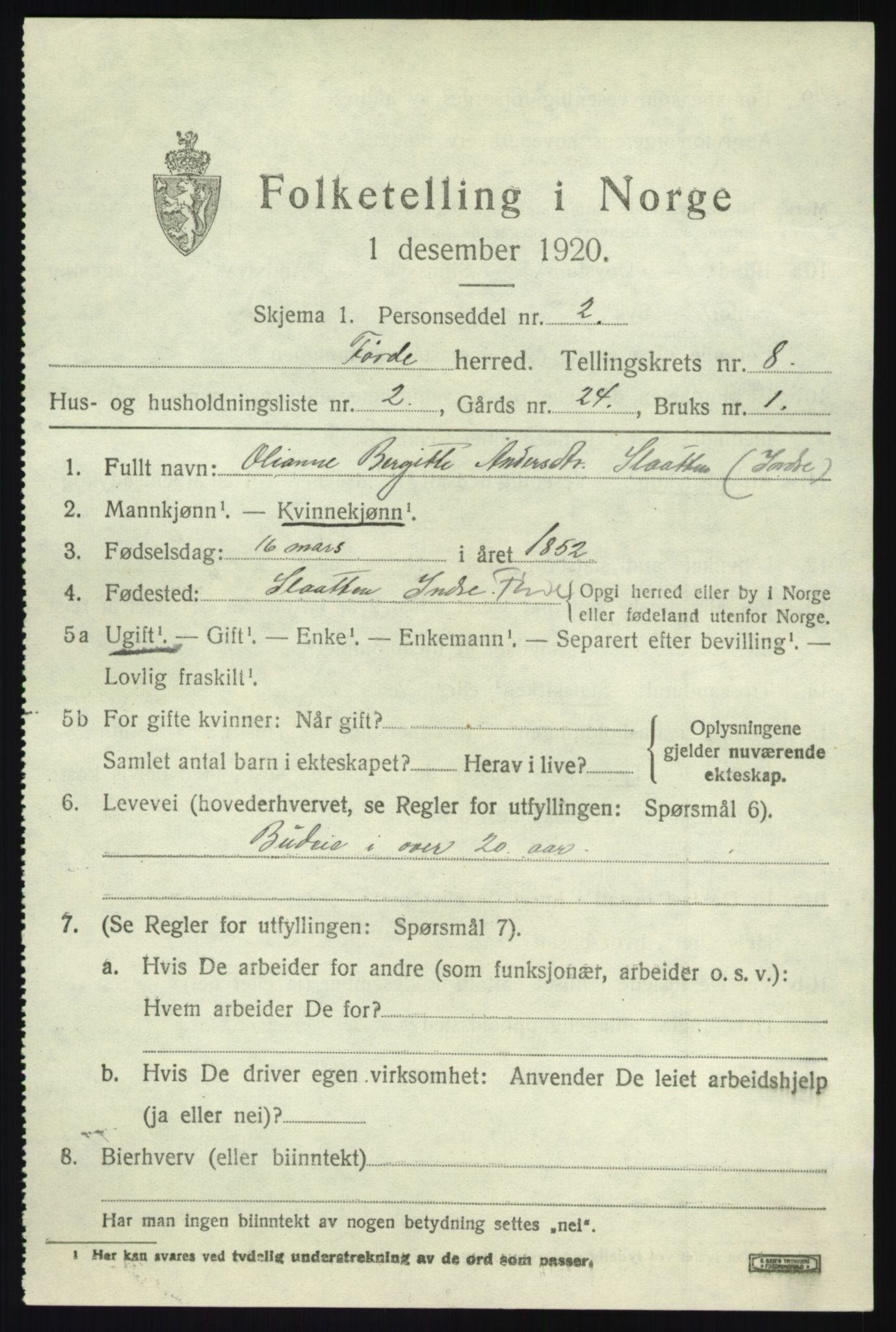 SAB, 1920 census for Førde, 1920, p. 3180