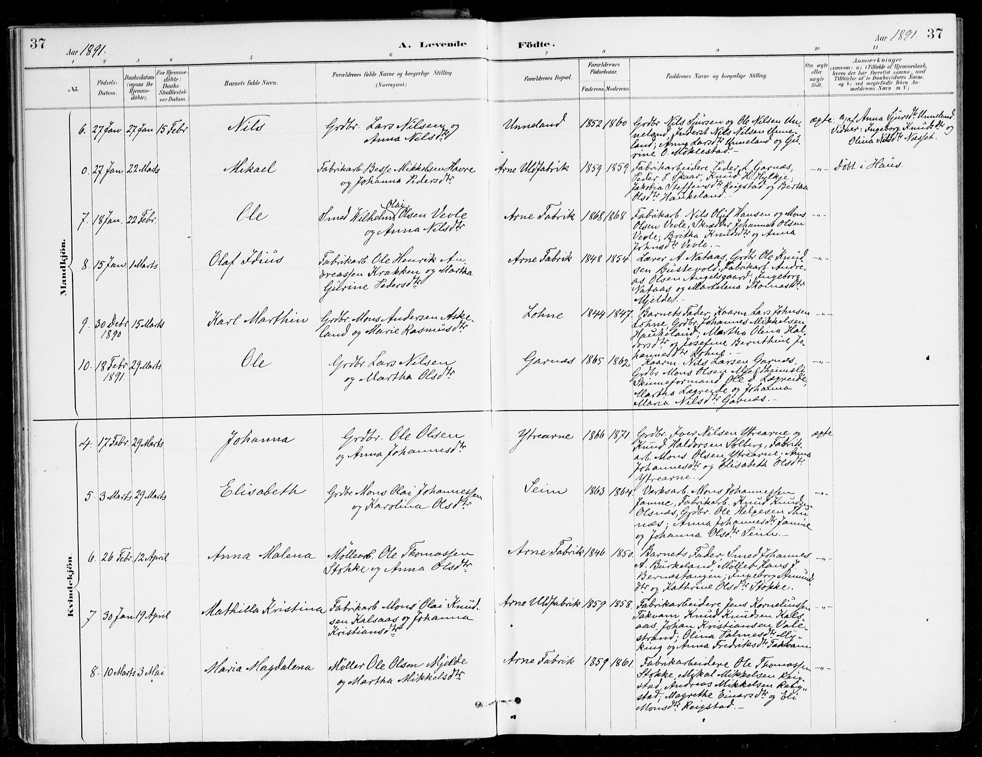 Haus sokneprestembete, AV/SAB-A-75601/H/Haa/Haad/L0001: Parish register (official) no. D 1, 1887-1898, p. 37