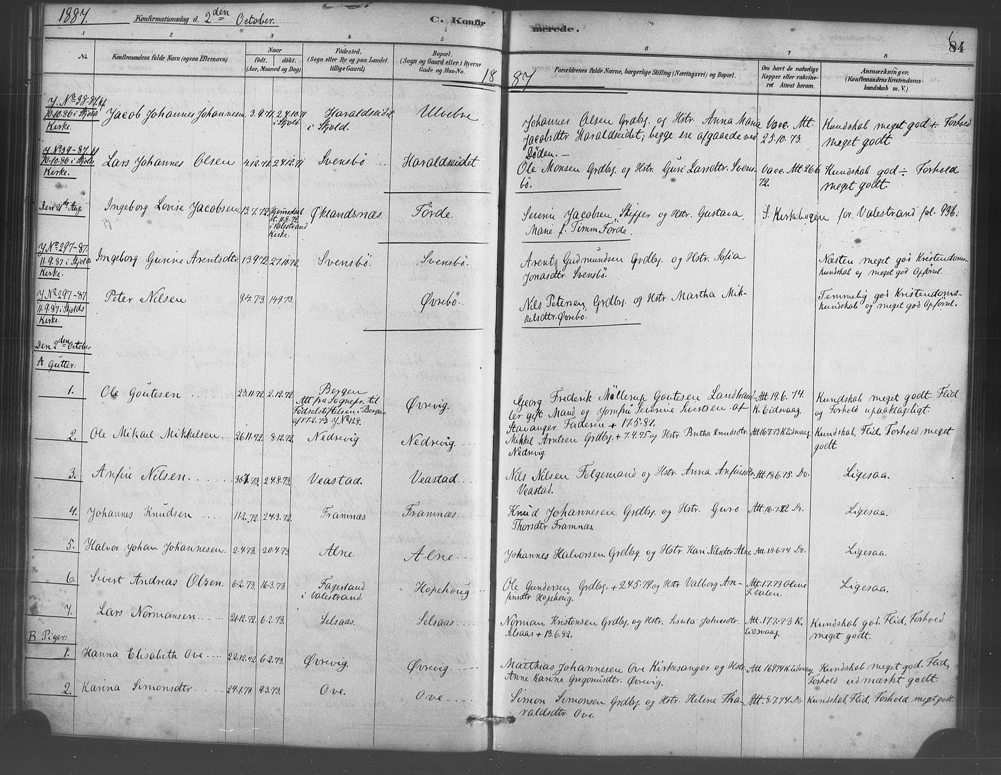 Sveio Sokneprestembete, SAB/A-78501/H/Haa: Parish register (official) no. D 1, 1878-1894, p. 84