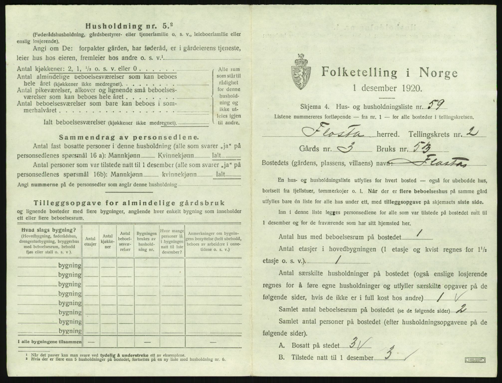 SAK, 1920 census for Flosta, 1920, p. 226