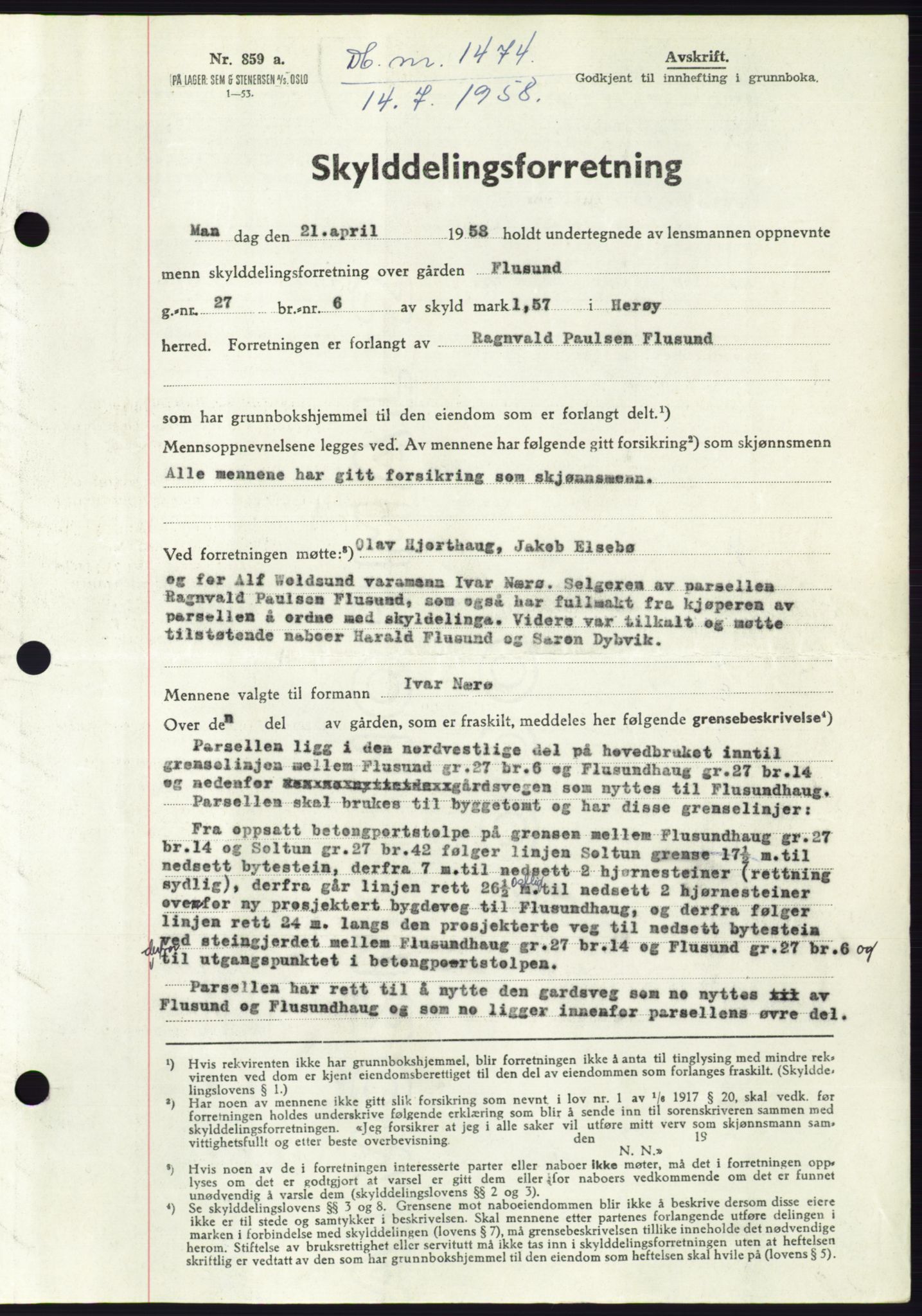 Søre Sunnmøre sorenskriveri, AV/SAT-A-4122/1/2/2C/L0110: Mortgage book no. 36A, 1958-1958, Diary no: : 1474/1958