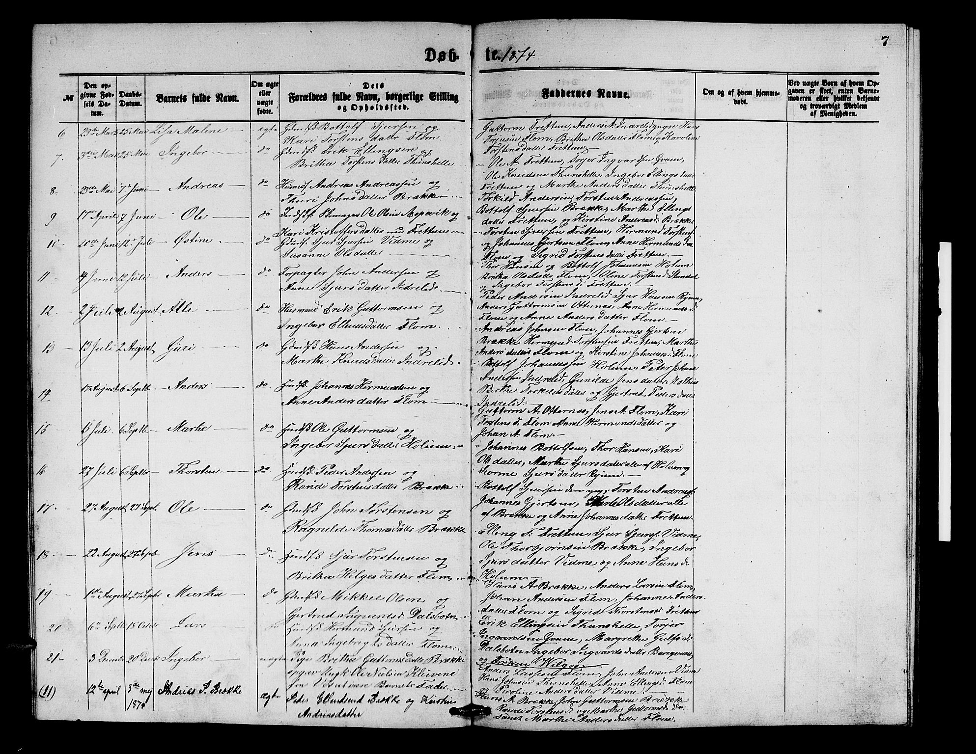 Aurland sokneprestembete, SAB/A-99937/H/Hb/Hbb/L0001: Parish register (copy) no. B 1, 1868-1887, p. 7