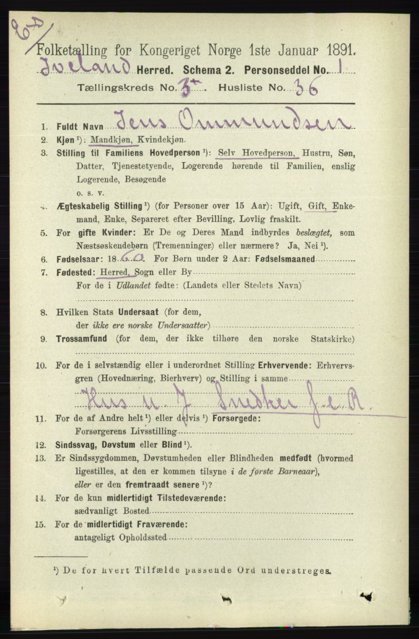 RA, Census 1891 for Nedenes amt: Gjenparter av personsedler for beslektede ektefeller, menn, 1891, p. 957